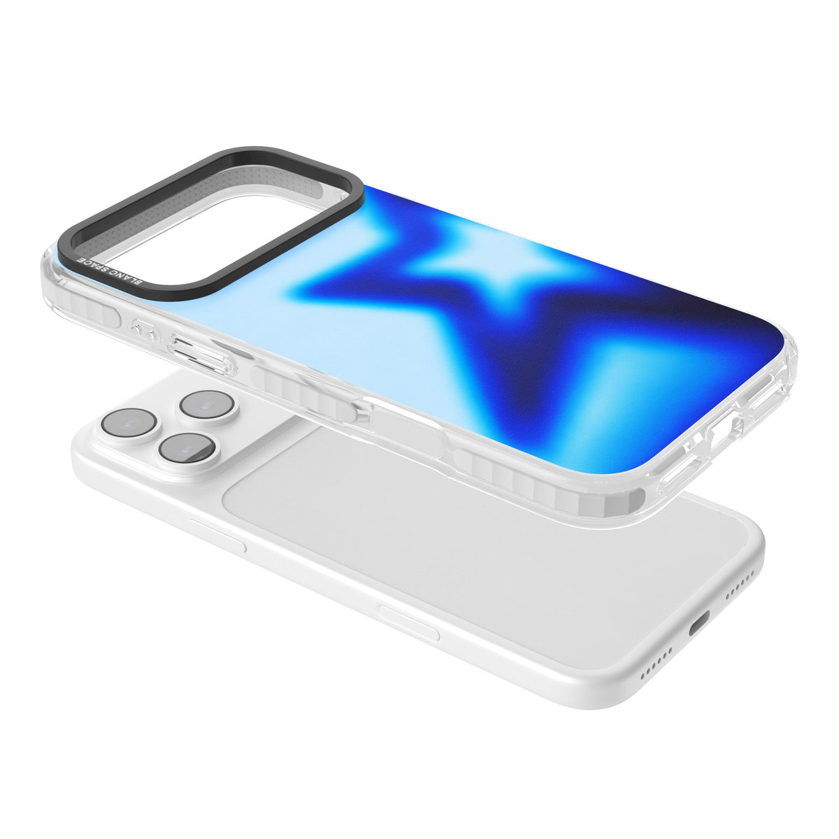 Electric Y2K iPhone case featuring a blurred blue aura star, deep cobalt glow and soft sky-blue gradient iPhone 17 Pro Max Impact Clear Phone Case angled