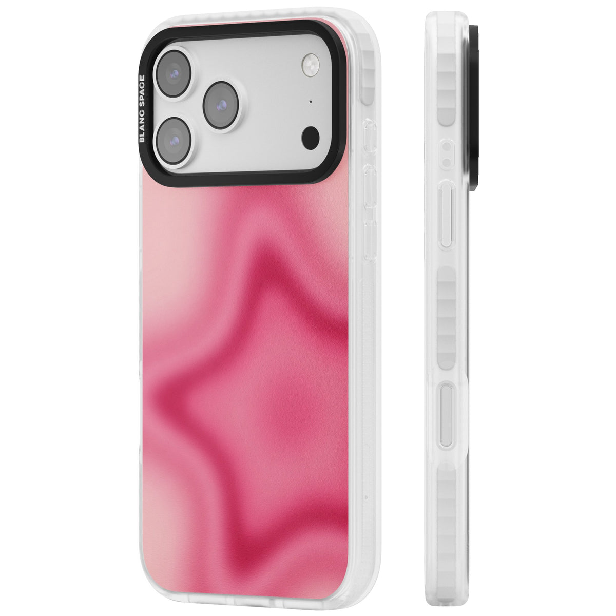 Blush pinkcore iPhone case featuring a blurred fuchsia aura star on a soft pink gradient iPhone 17 Pro Max Impact Clear Phone Case side
