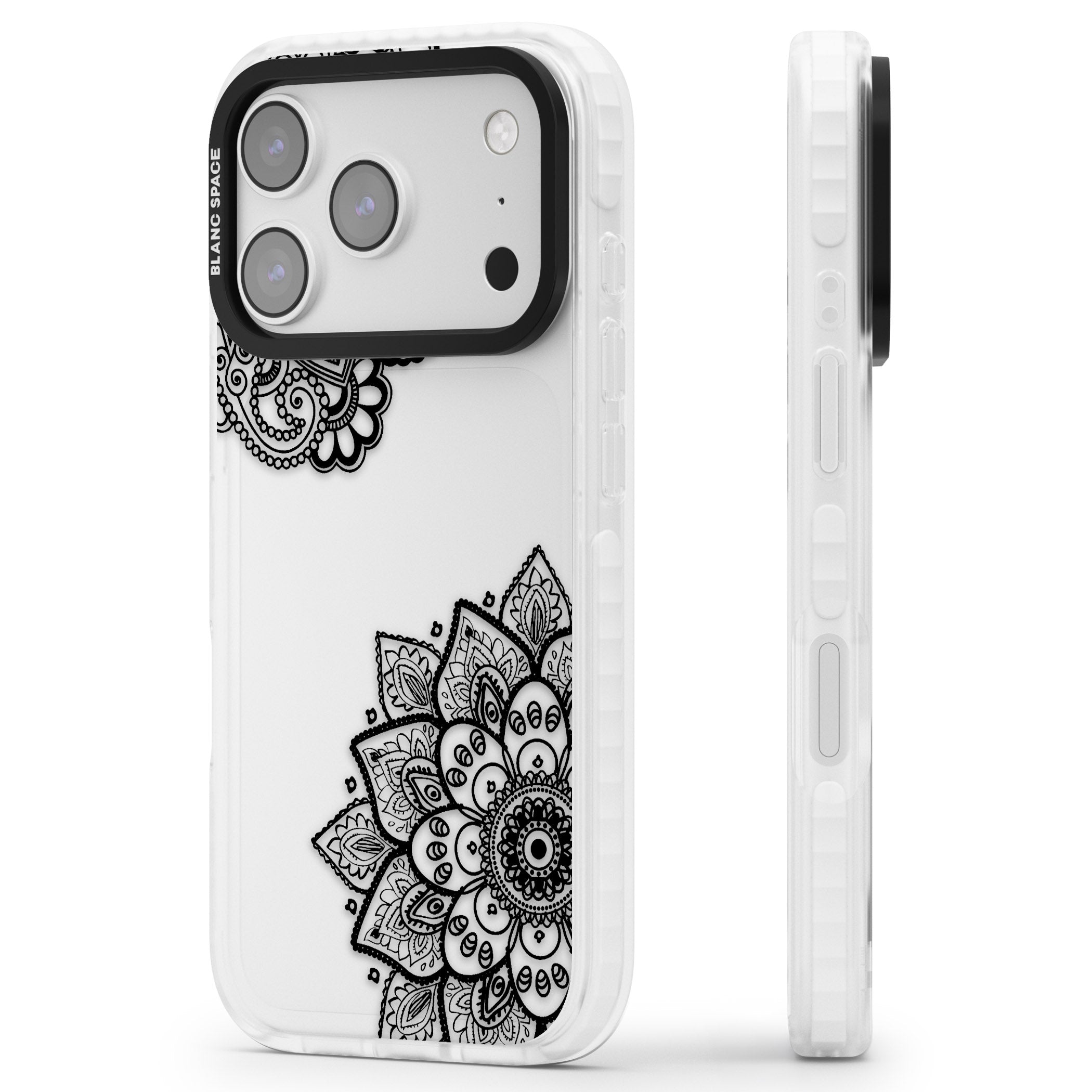 Black Henna Florals iPhone 17 Pro Impact Clear Phone Case Side Profile
