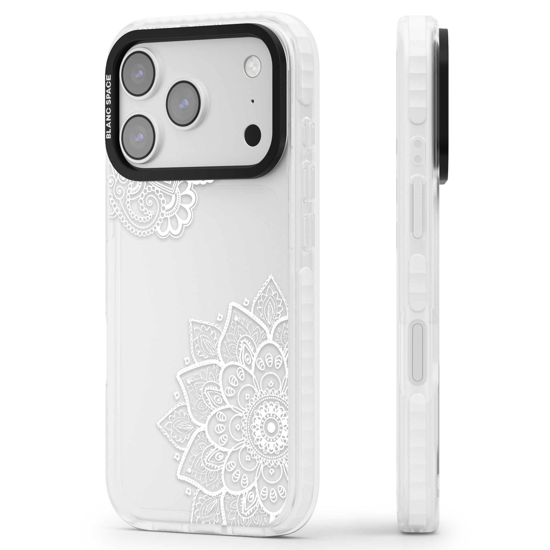 White Henna Florals iPhone 17 Pro Impact Clear Phone Case Side Profile