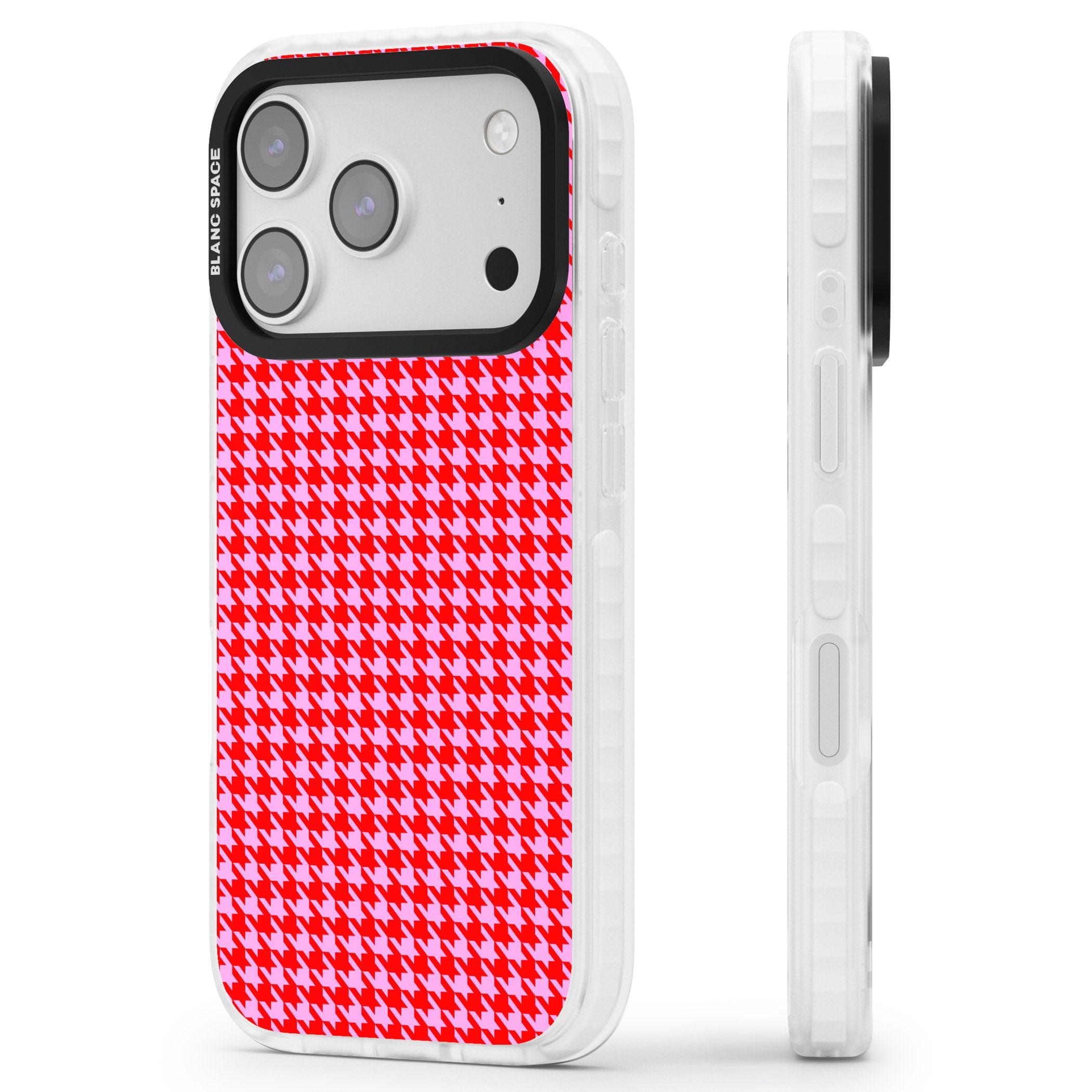 Neon Pink & Red Houndstooth iPhone 17 Pro Impact Clear Phone Case Side Profile