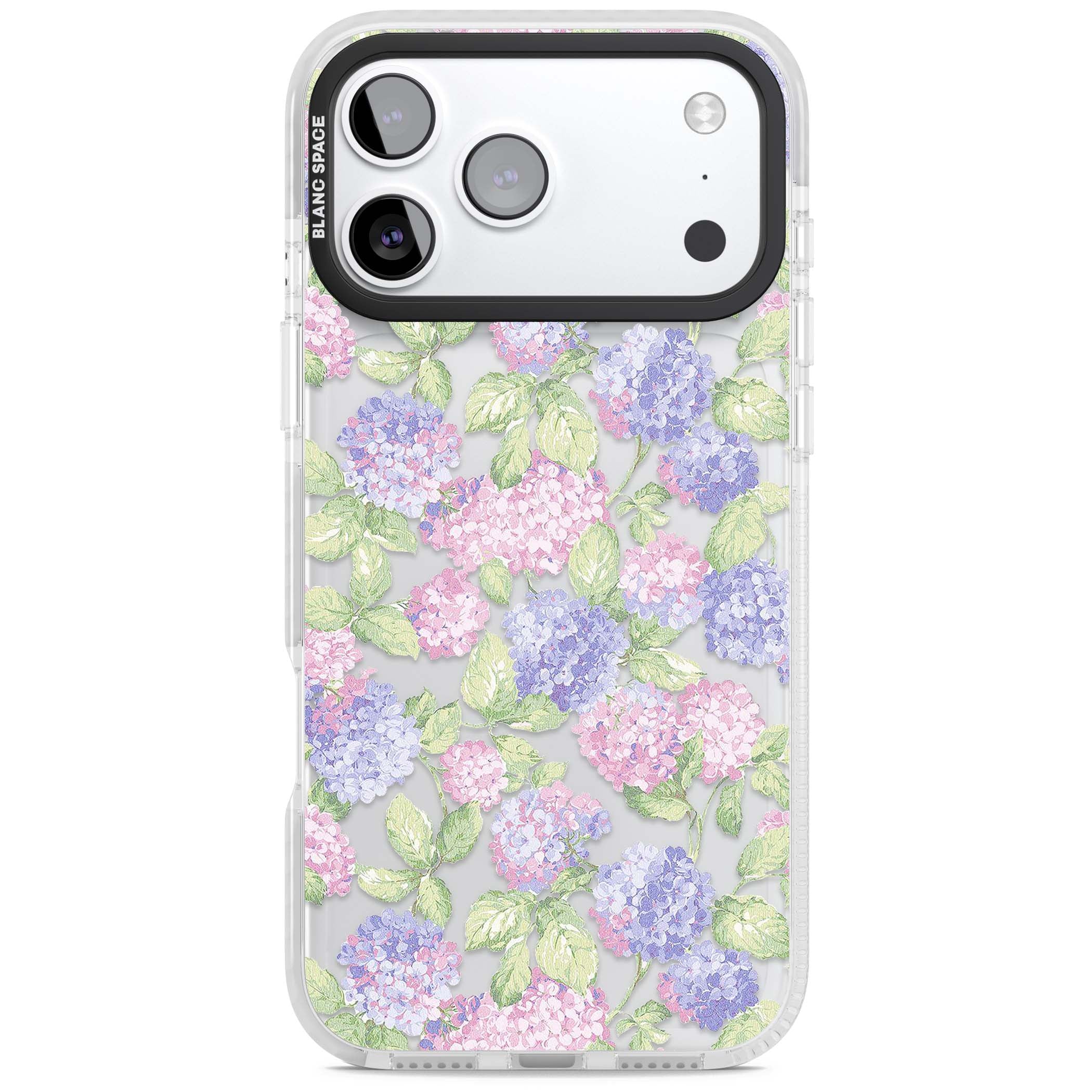 Cottage Hydrangea cottagecore iPhone case featuring pink and purple hydrangea blooms with green leaves on a clear background | Black Impact case for iPhone 17 Pro, iPhone 17 Pro Max