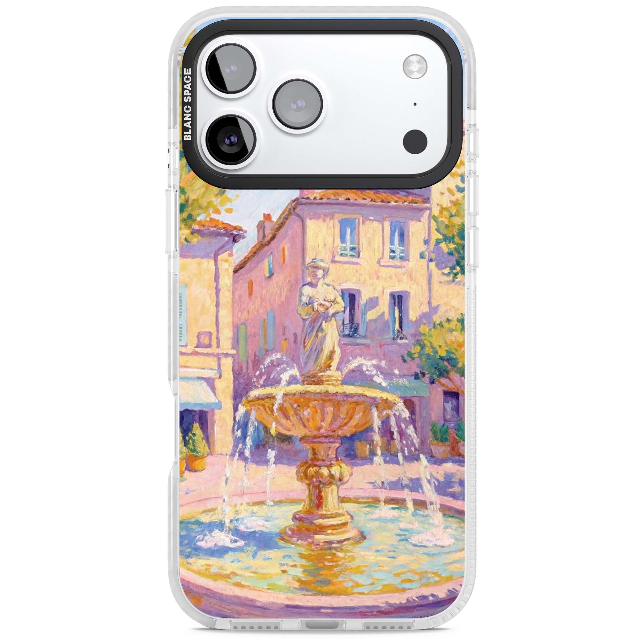 Fountain Square fine art iPhone case featuring an impressionist Provençal fountain, pastel village buildings and summe | Black Impact case for iPhone 17 Pro, iPhone 17 Pro Max