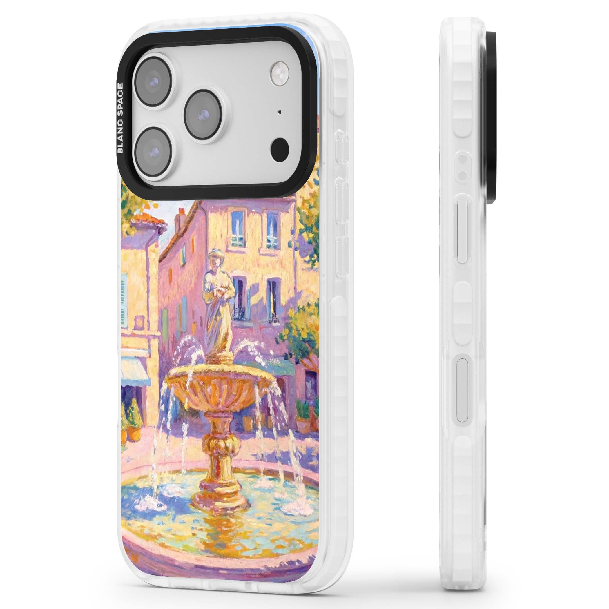 Fountain Square fine art iPhone case featuring an impressionist Provençal fountain, pastel village buildings and summe | Black Impact case for iPhone 17 Pro, iPhone 17 Pro Max