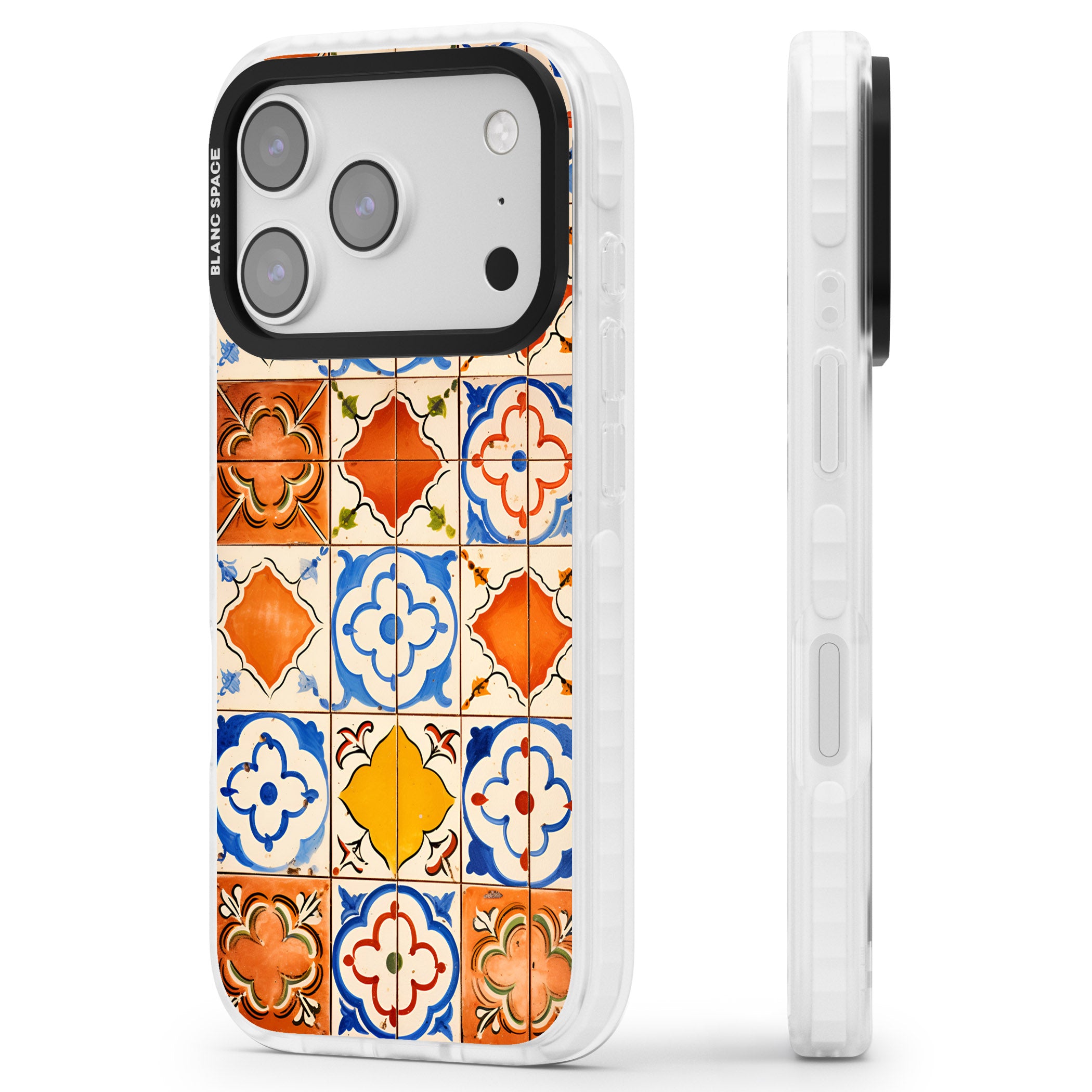 Spanish Mosaic Tiles iPhone 17 Pro Impact Clear Phone Case Side Profile