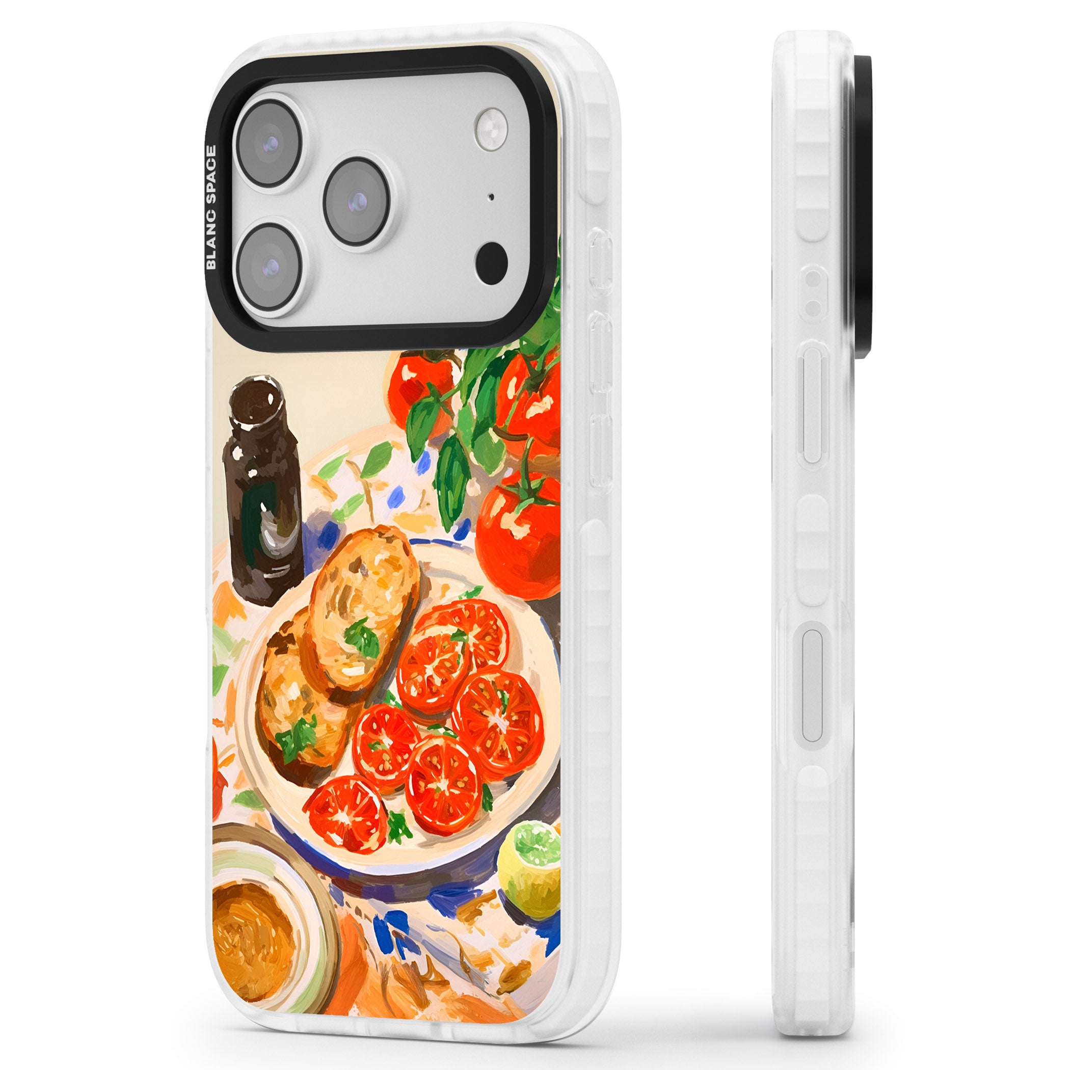 Bruschetta & Tomatoes iPhone 17 Pro Impact Clear Phone Case Side Profile