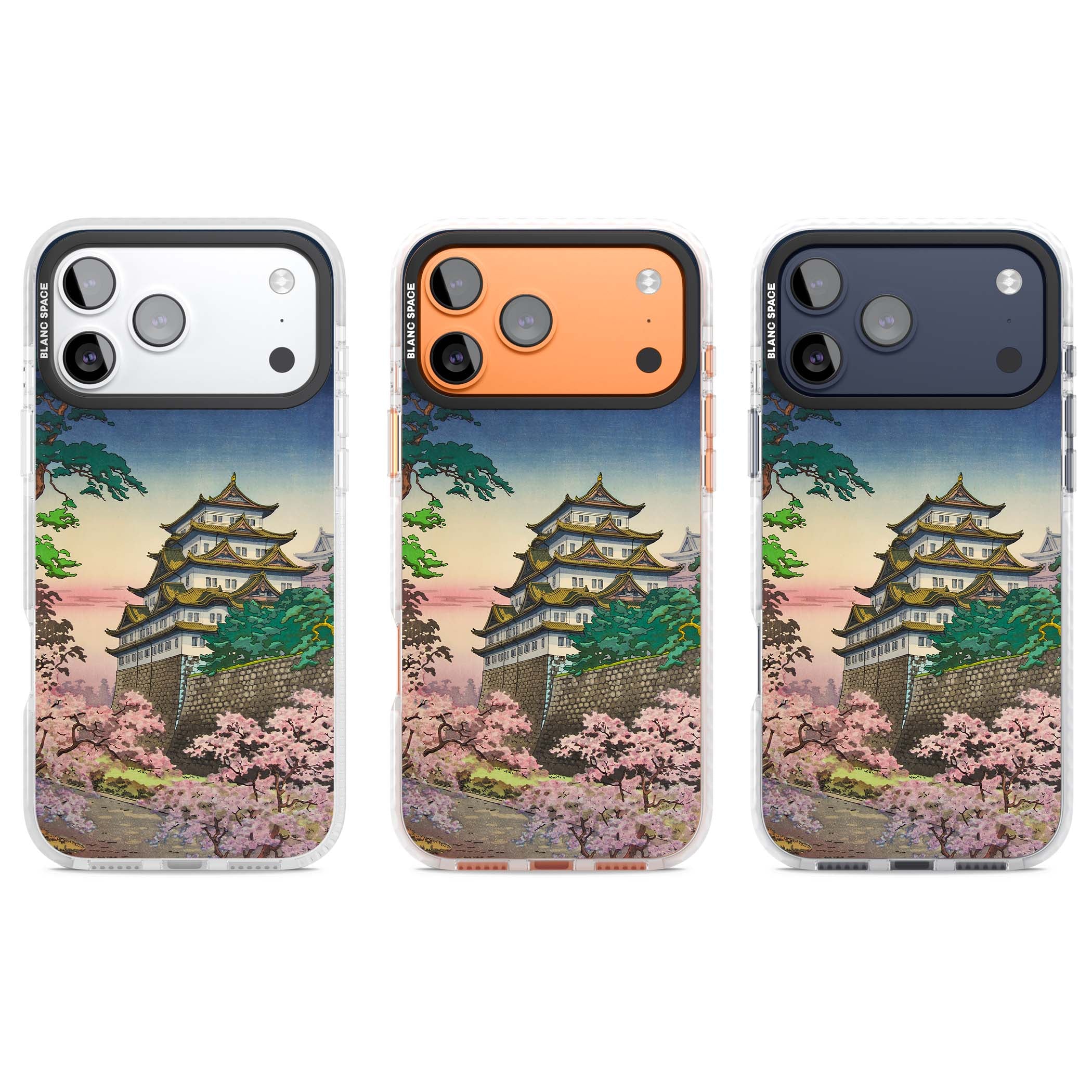 Nagoya Castle Japanese iPhone case featuring a vintage pagoda, twilight sky and cherry blossom trees | Black Impact case for iPhone 17 Pro, iPhone 17 Pro Max