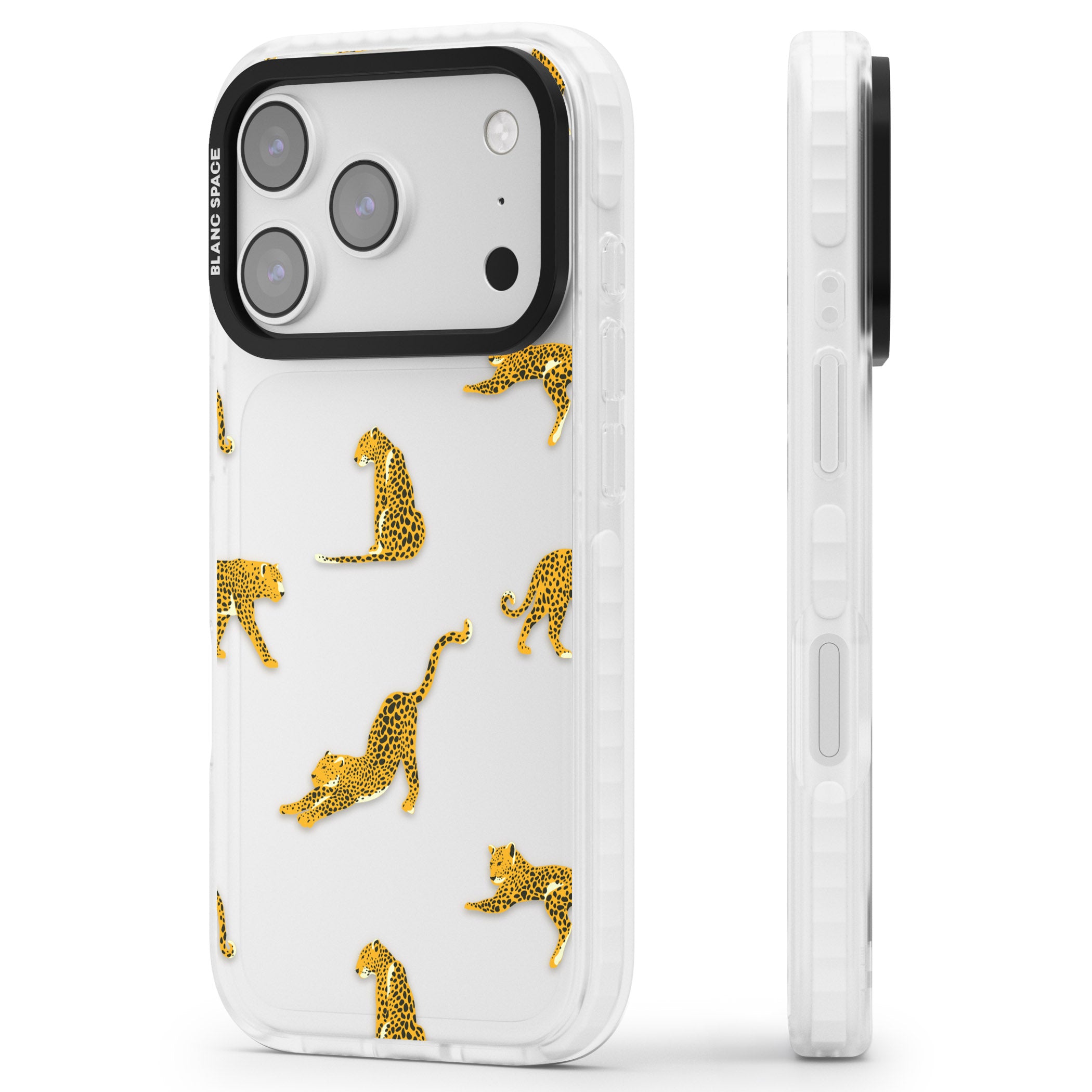 Leopard Spots iPhone 17 Pro Impact Clear Phone Case Side Profile