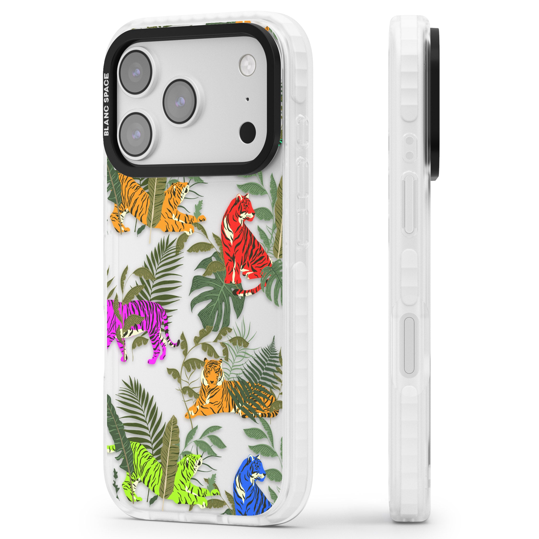 Colorful Jungle Tiger iPhone 17 Pro Impact Clear Phone Case Side Profile