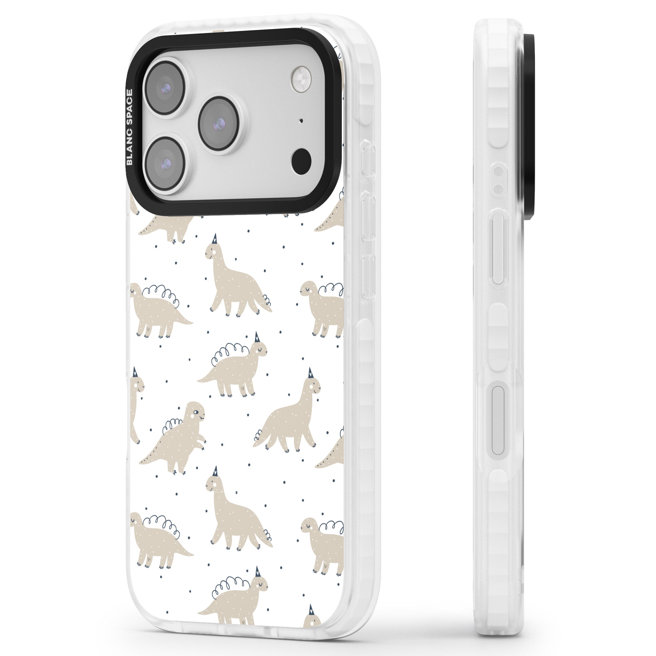 Party Dino Pattern iPhone 17 Pro Impact Clear Phone Case Side Profile