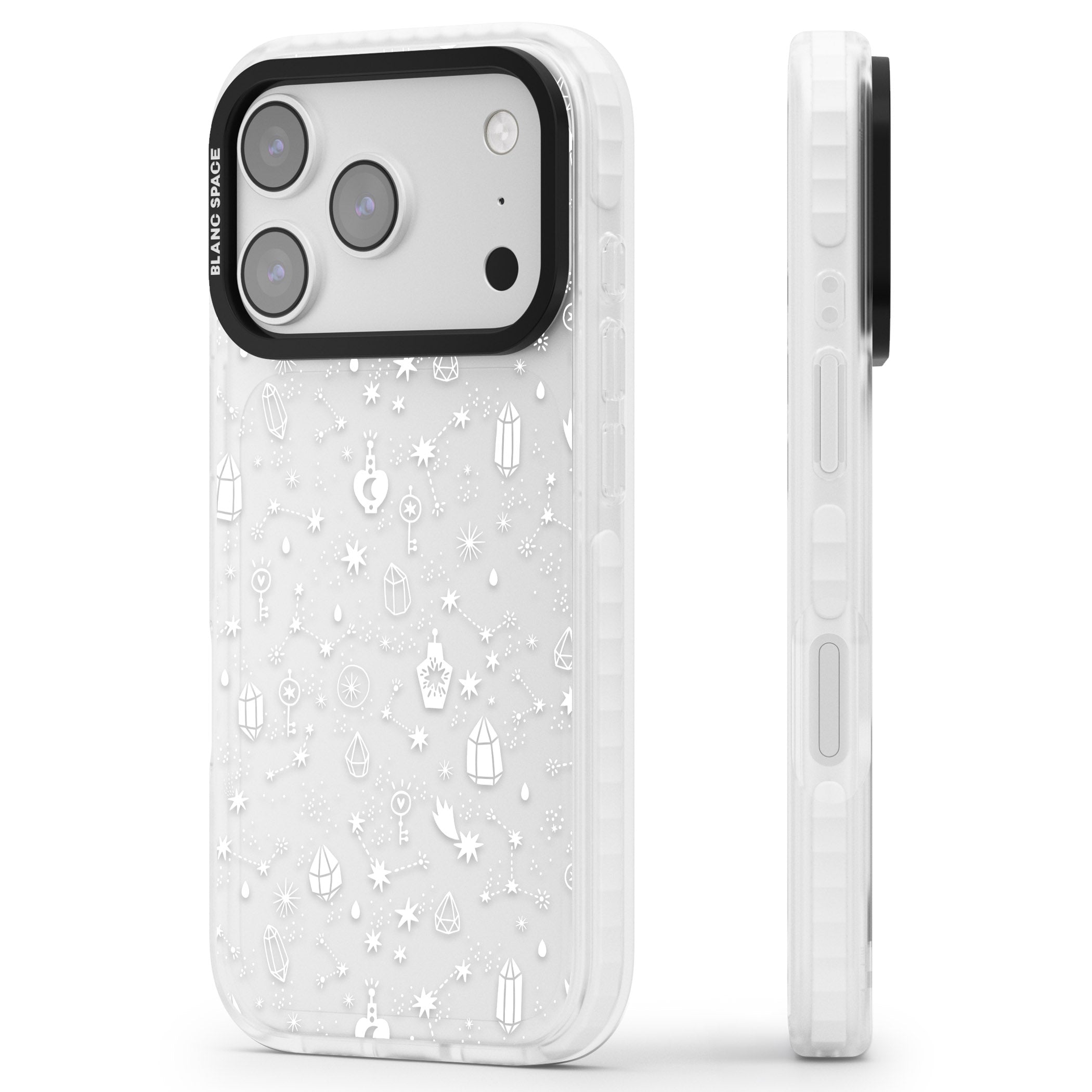 White Cosmic Crystal iPhone 17 Pro Impact Clear Phone Case Side Profile