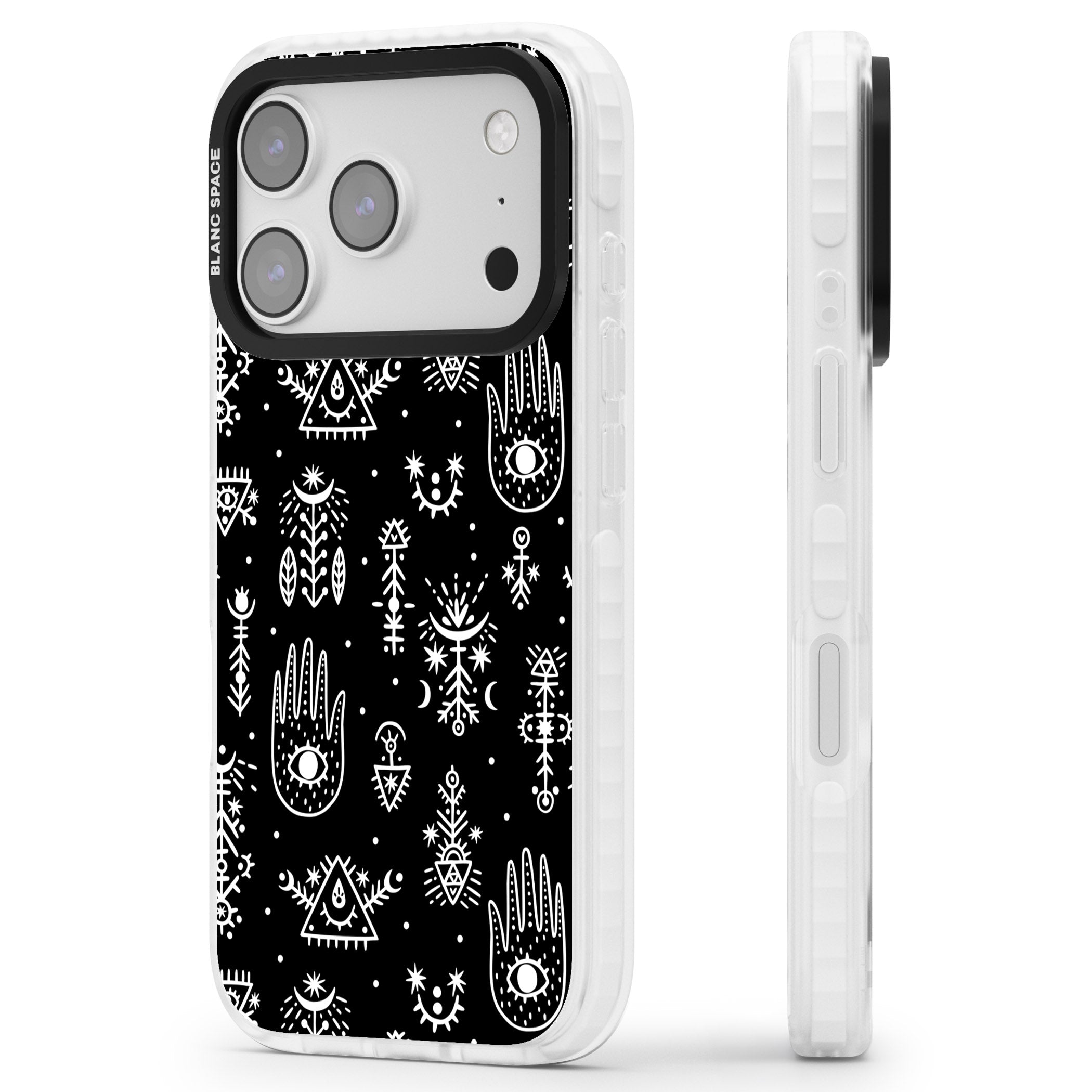 Tribal Symbols Black iPhone 17 Pro Impact Clear Phone Case Side Profile