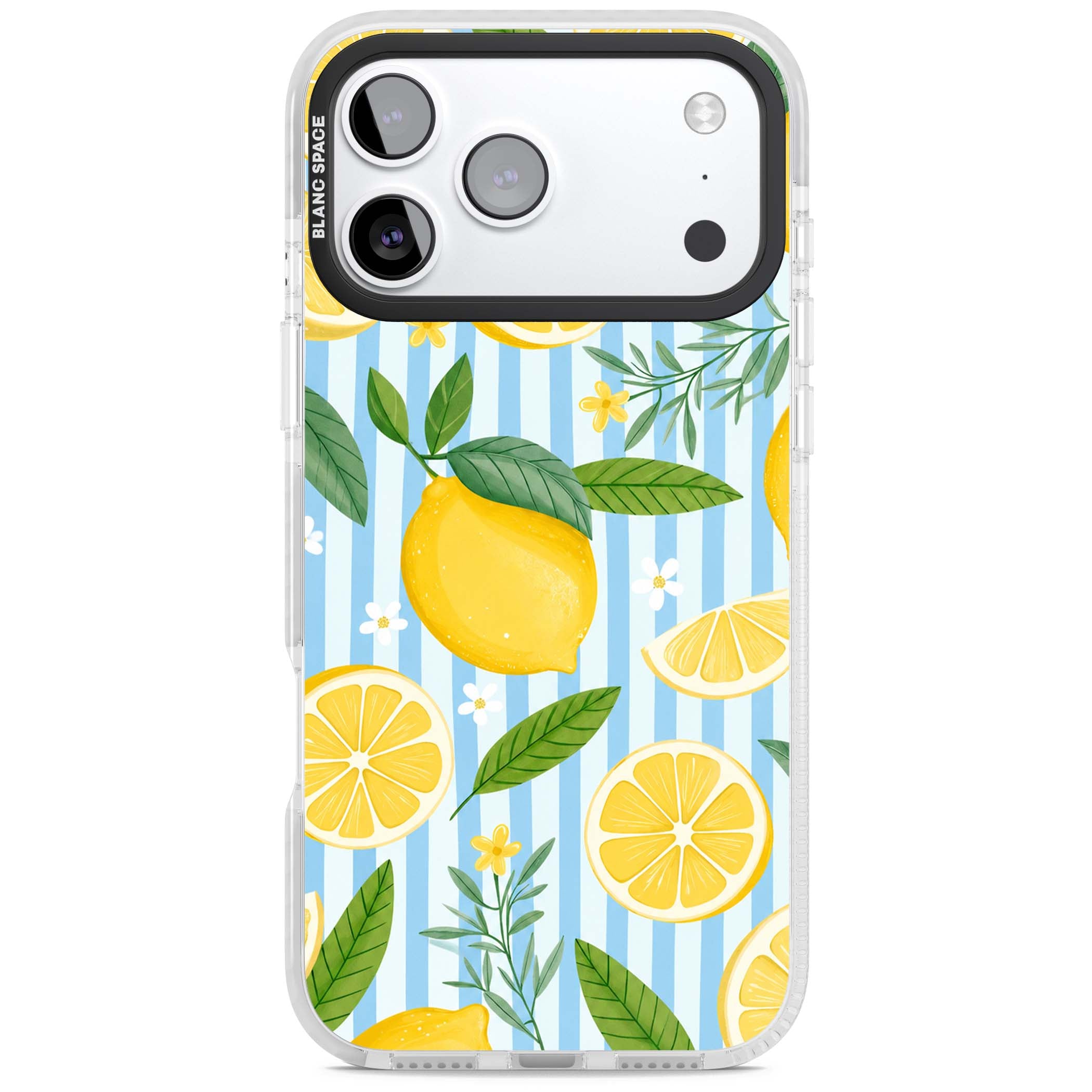 Capri Citrus Stripe coastal iPhone case featuring yellow lemons, blue stripes, and white daisy blossoms | Black Impact case for iPhone 17 Pro, iPhone 17 Pro Max