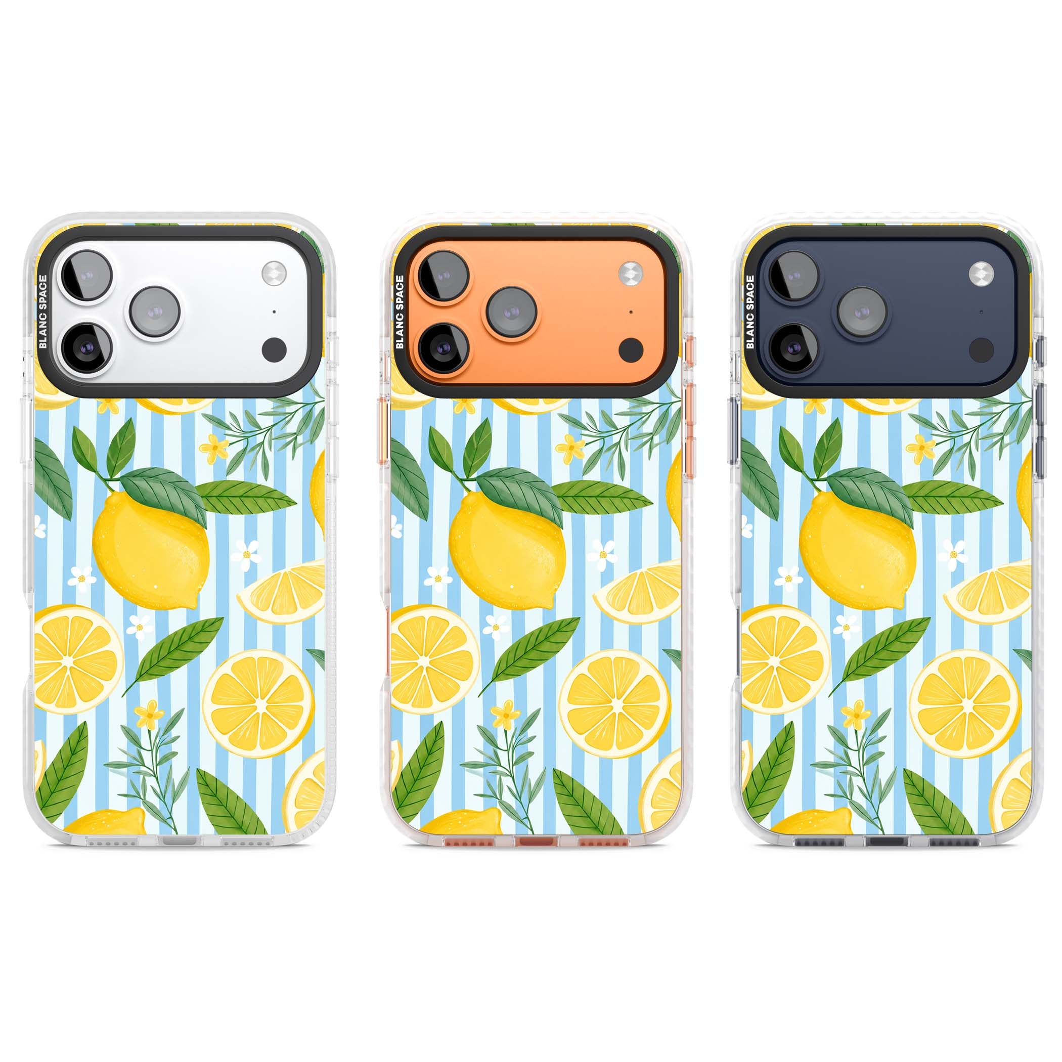 Capri Citrus Stripe coastal iPhone case featuring yellow lemons, blue stripes, and white daisy blossoms | Black Impact case for iPhone 17 Pro, iPhone 17 Pro Max