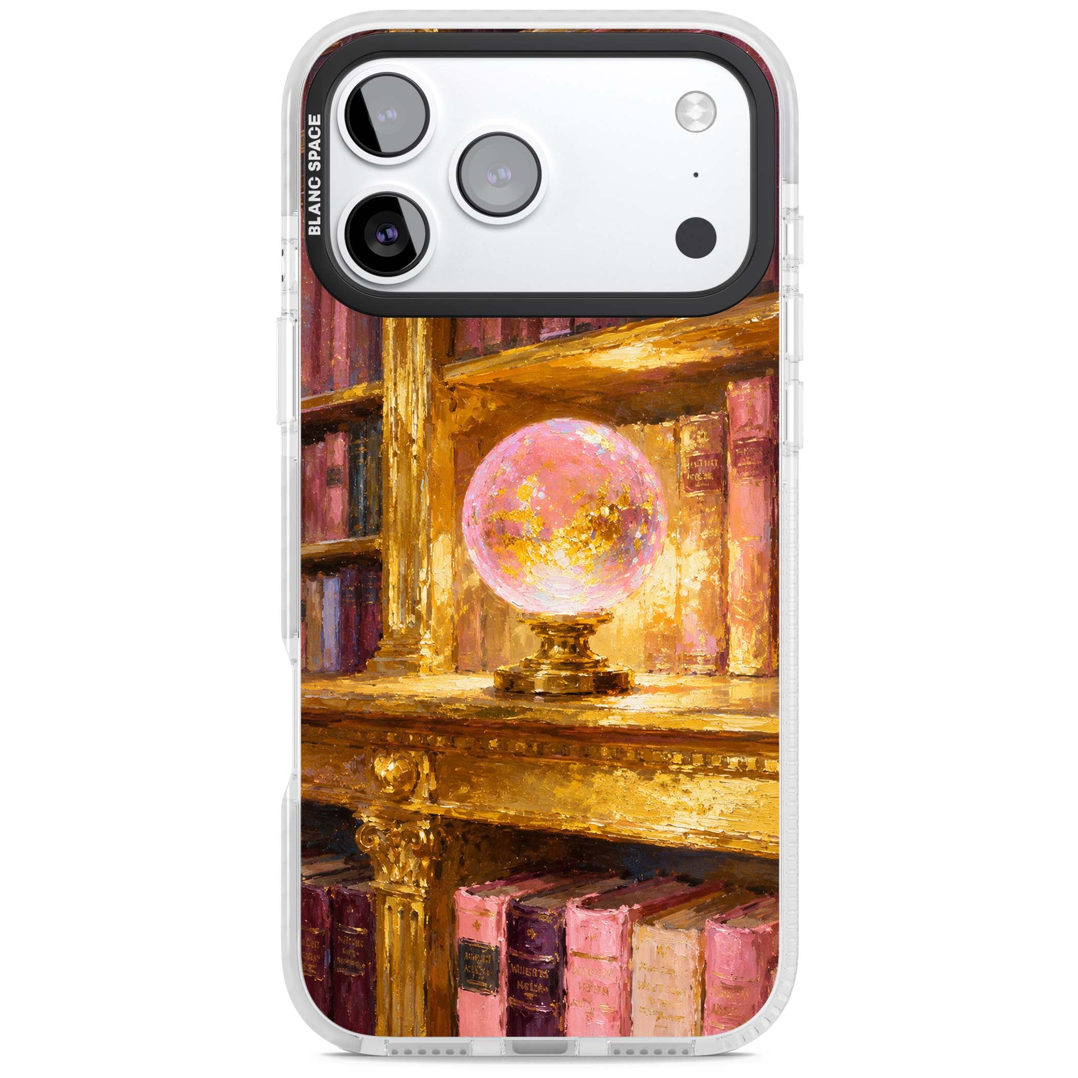 Gilded Library dark academia iPhone case featuring an oil painted crystal ball on a gilded library shelf with vintage | Black Impact case for iPhone 17 Pro, iPhone 17 Pro Max