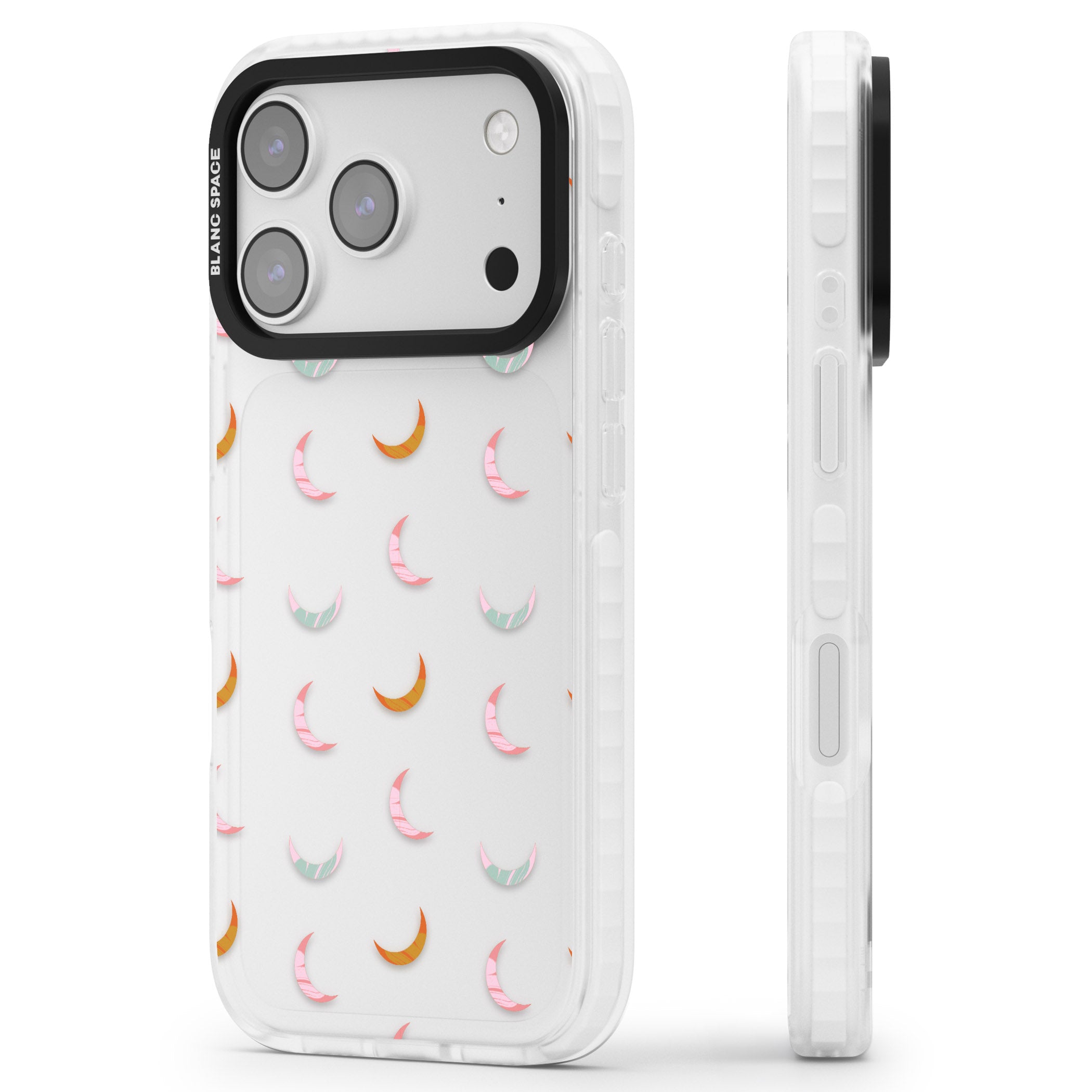 Colourful Crescent Moons iPhone 17 Pro Impact Clear Phone Case Side Profile