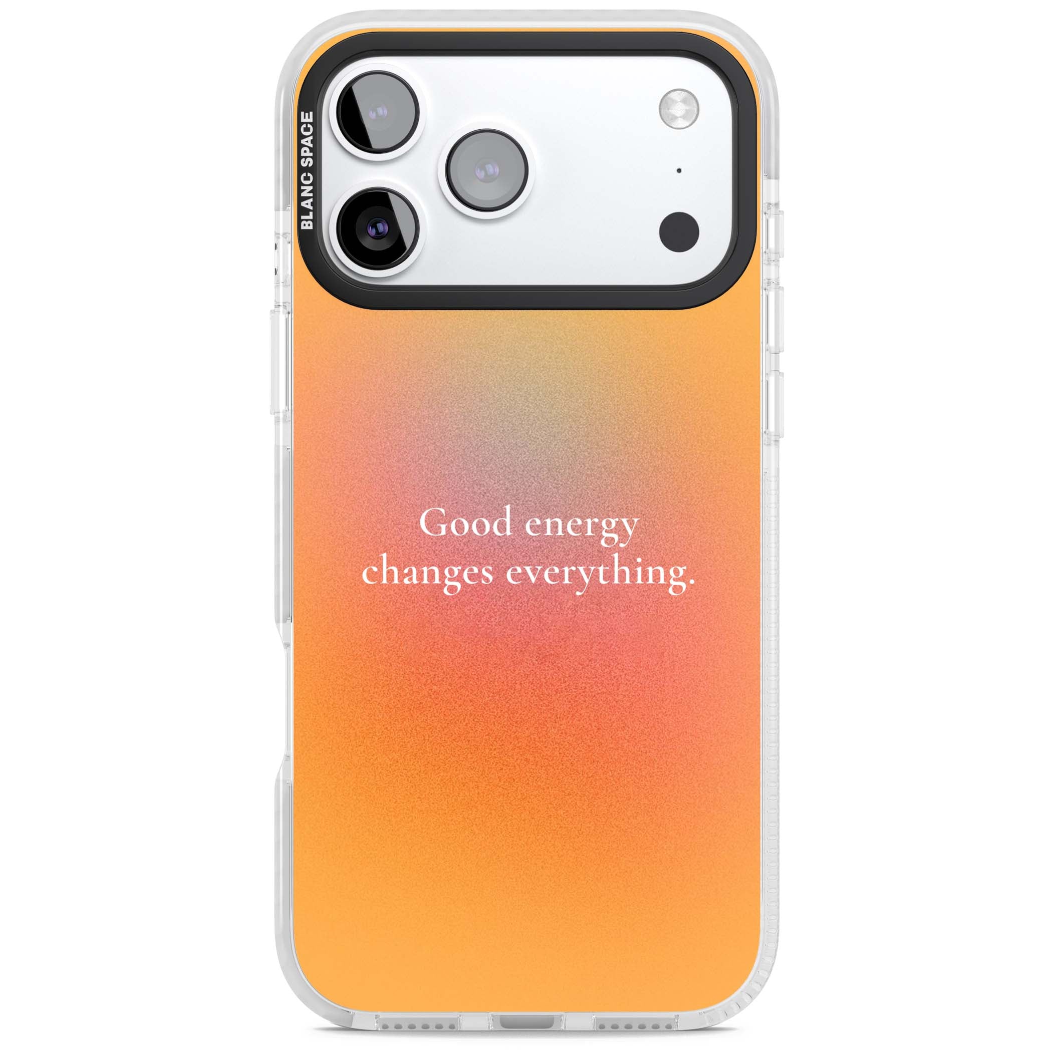 Good Energy quote iPhone case featuring an orange and pink aura gradient with white serif affirmation text | Impact Magsafe case for iPhone 17 Pro, iPhone 17 Pro Max