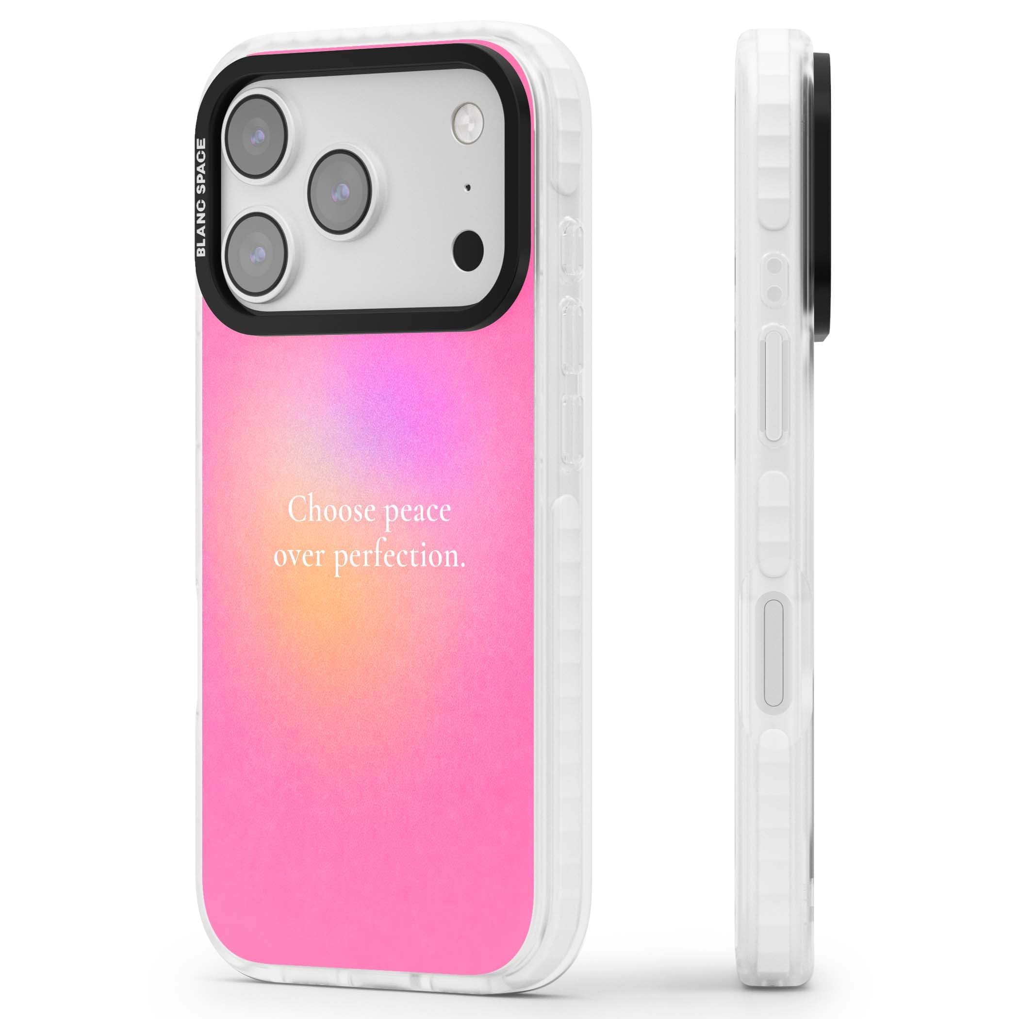 Peace Over Perfection quote iPhone case featuring a dreamy pink aura gradient and delicate white affirmation text | Impact Magsafe case for iPhone 17 Pro, iPhone 17 Pro Max