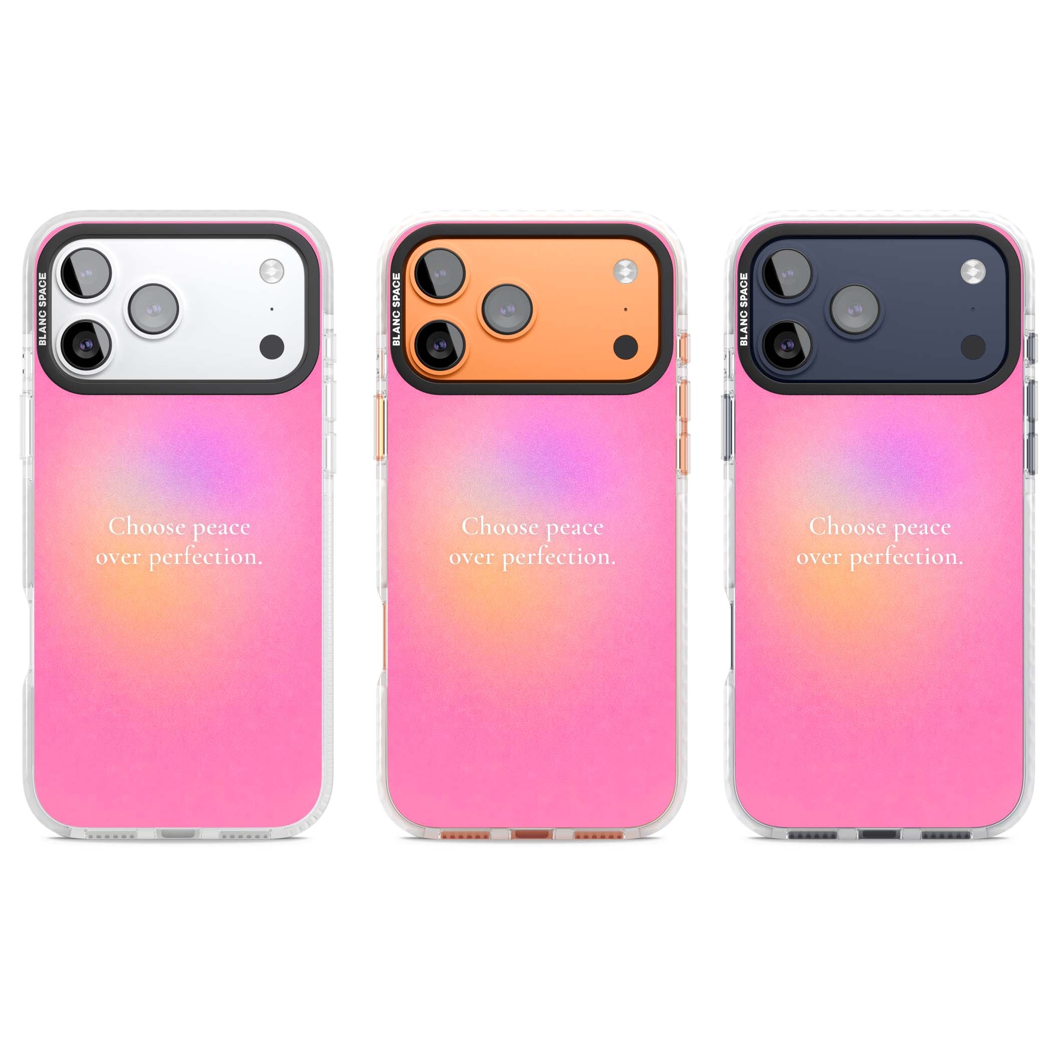 Peace Over Perfection quote iPhone case featuring a dreamy pink aura gradient and delicate white affirmation text | Impact Magsafe case for iPhone 17 Pro, iPhone 17 Pro Max