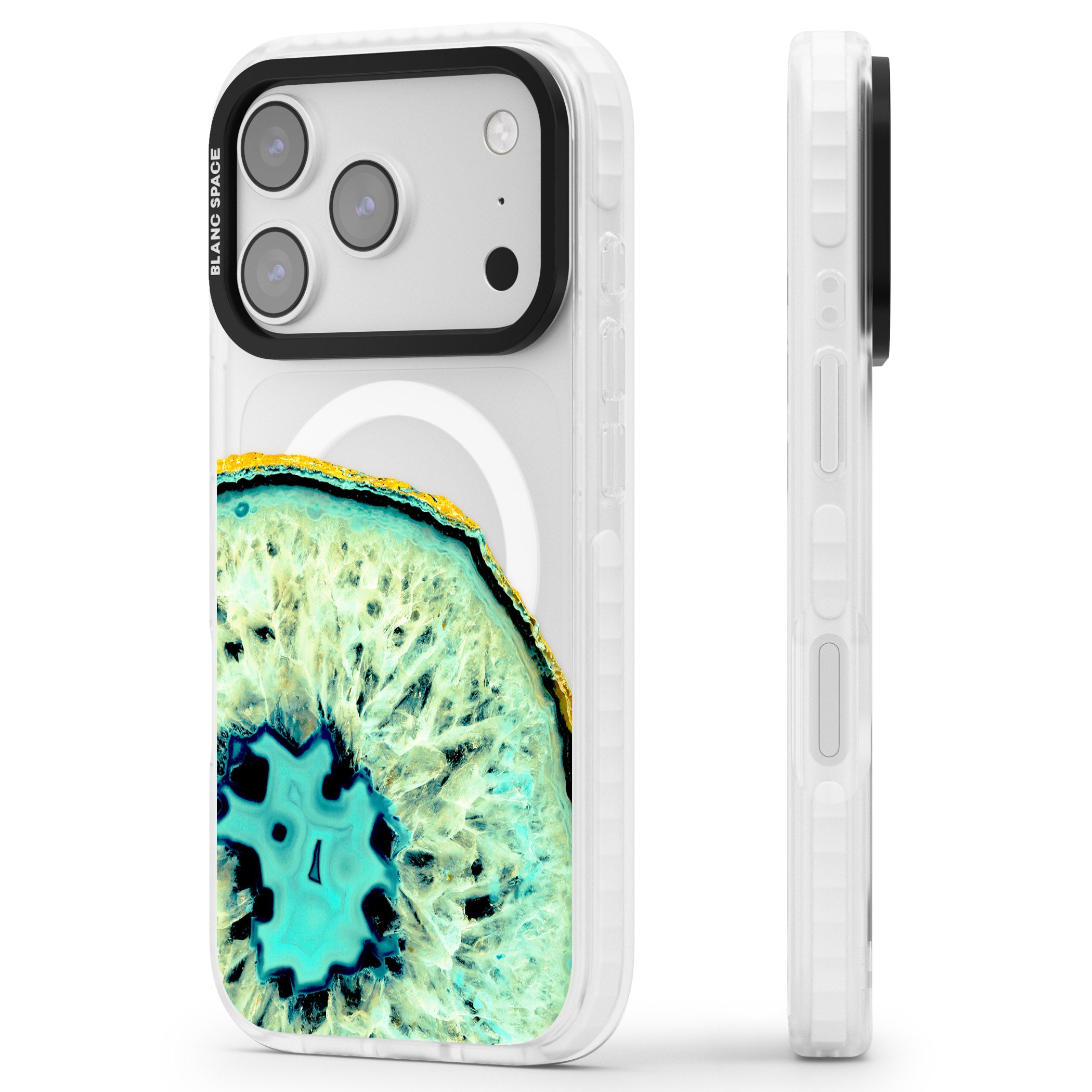 Turquoise Geode Crystal iPhone 17 Pro Impact Pro Clear Phone Case Side Profile
