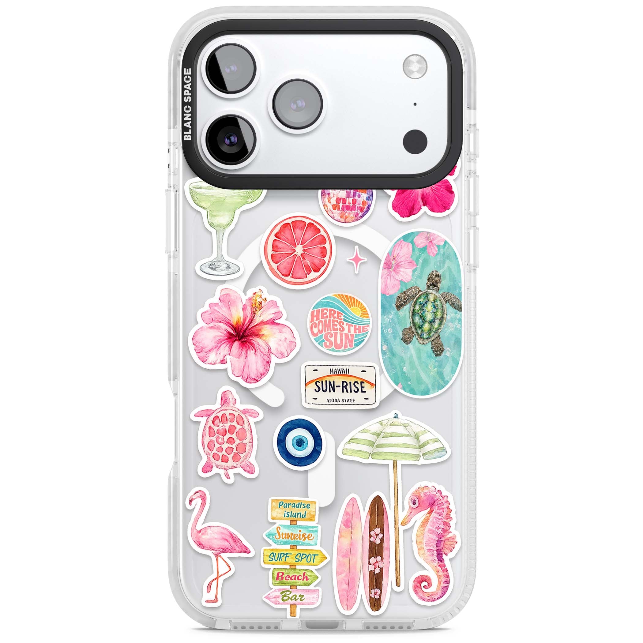 Aloha Sticker Mix tropical summer iPhone case featuring pink hibiscus, sea turtles, flamingo and beach umbrella stickers | Impact Magsafe case for iPhone 17 Pro, iPhone 17 Pro Max