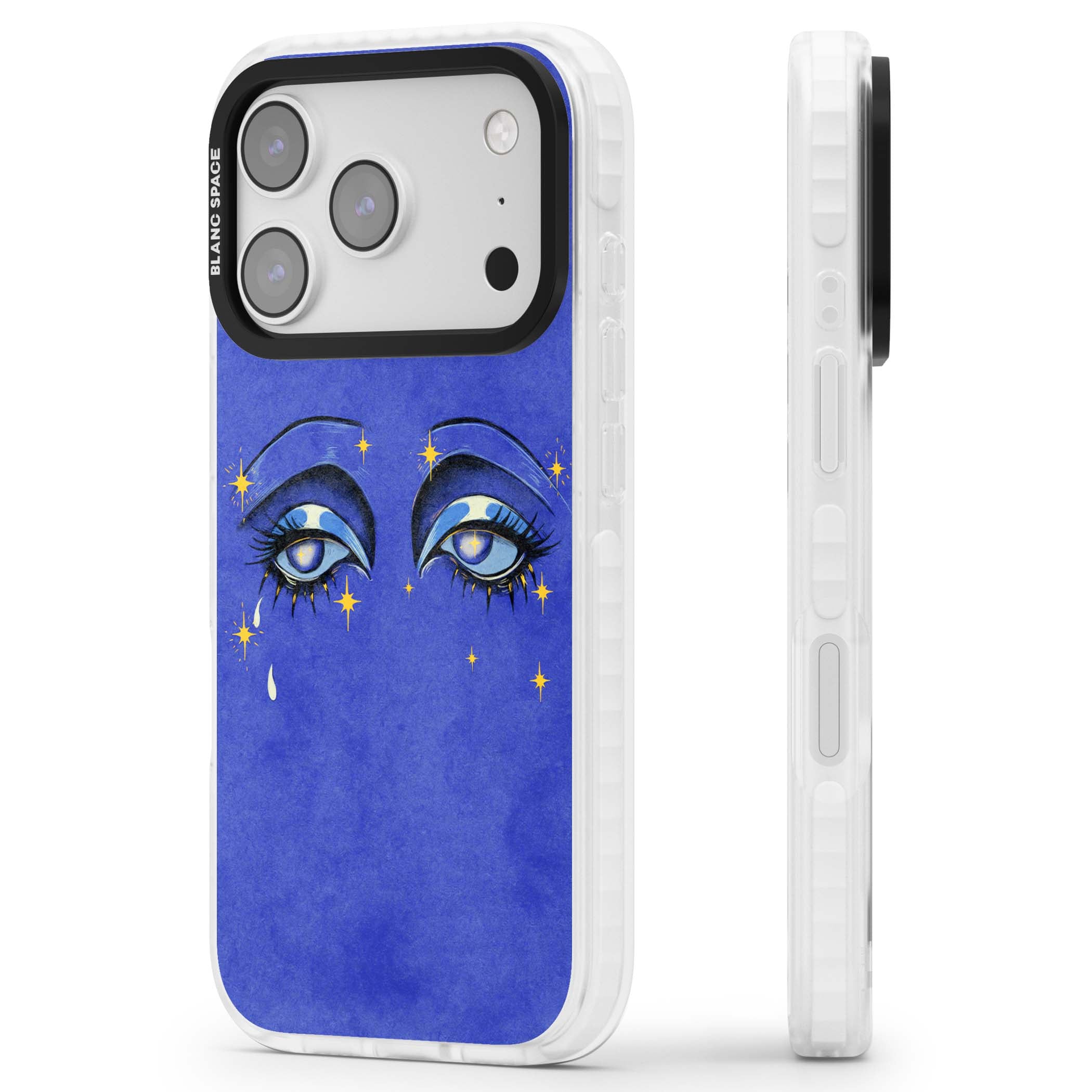Blue Mystic Eyes celestial iPhone case featuring hand drawn blue mystical eyes, golden stars and a painted tear on indigo | Impact Magsafe case for iPhone 17 Pro, iPhone 17 Pro Max