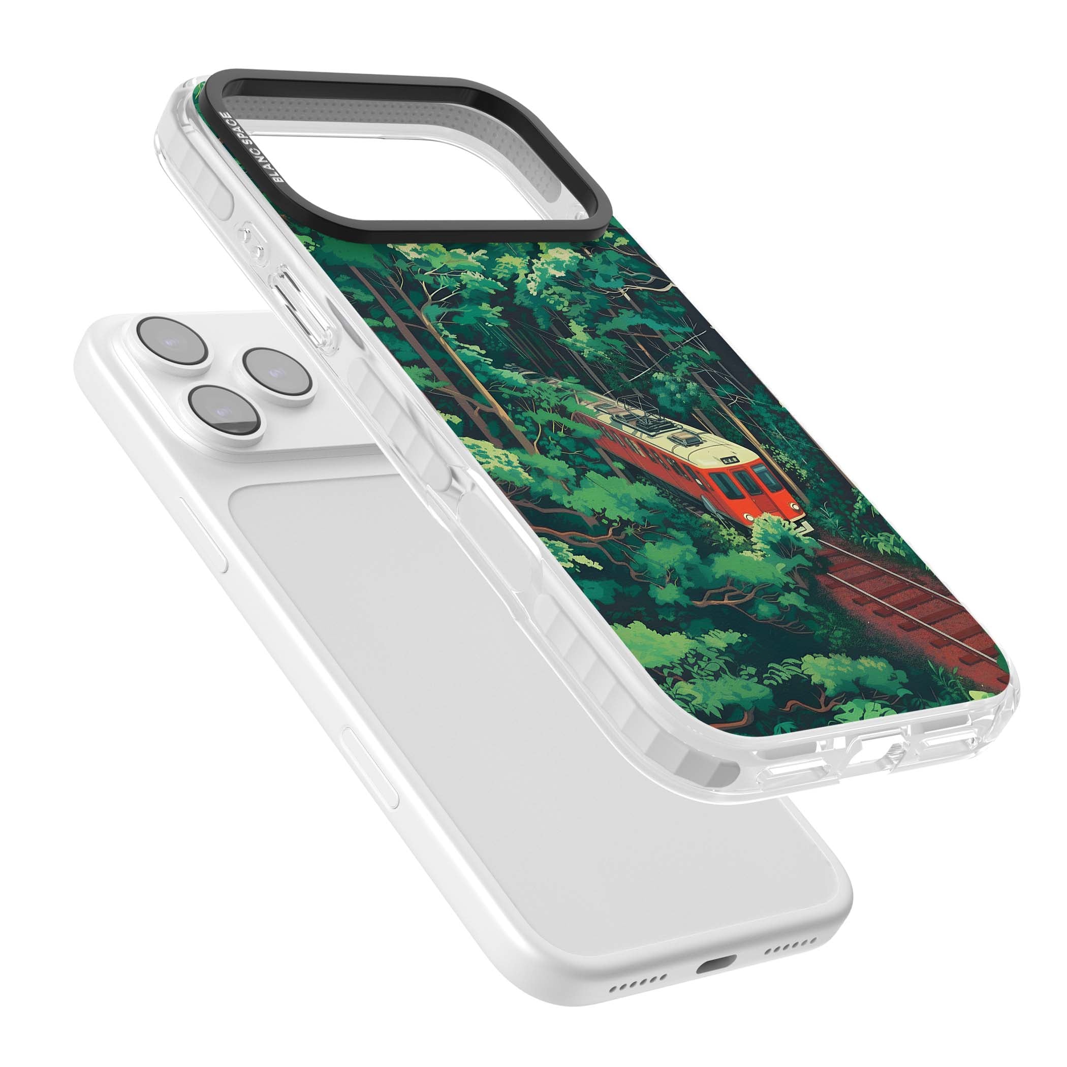 Railway In Toyama Japanese iPhone case featuring a red train, cedar forest and winding mountain railway tracks | Impact Magsafe case for iPhone 17 Pro, iPhone 17 Pro Max