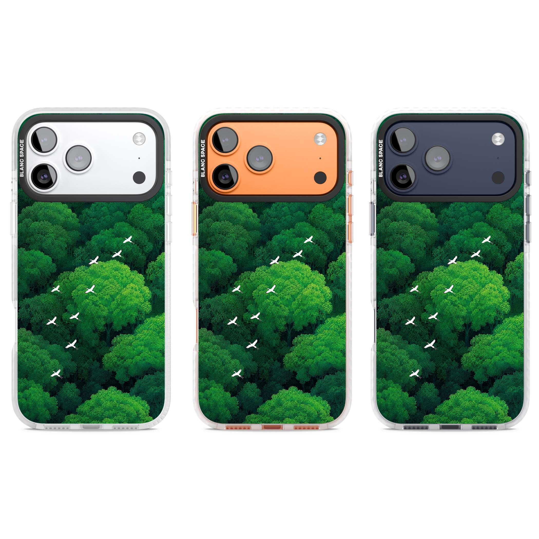 Grove Migration forest iPhone case featuring white cranes flying over lush green treetop canopy | Impact Magsafe case for iPhone 17 Pro, iPhone 17 Pro Max