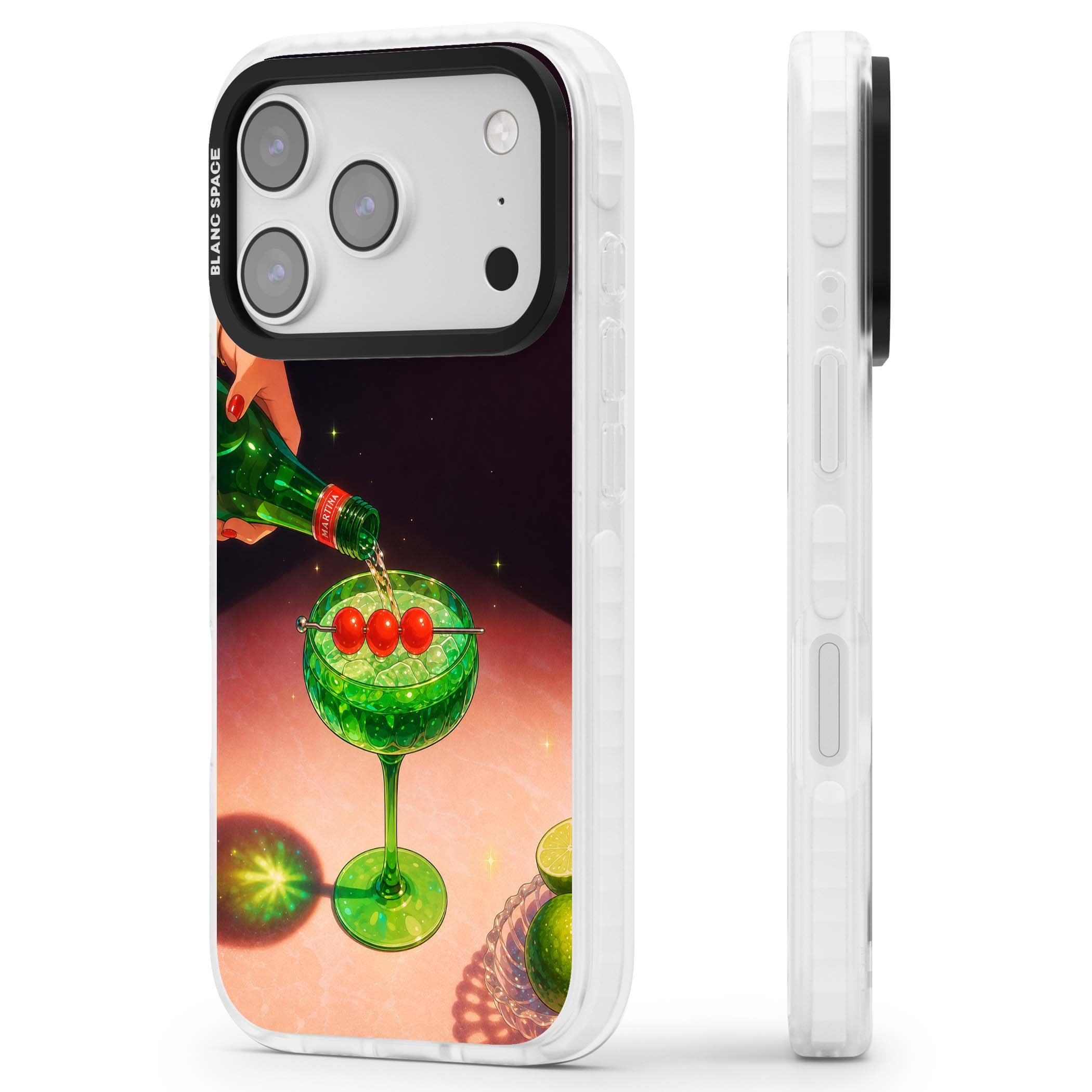 Absinthe Hour cocktail iPhone case featuring a green coupe glass, cherry garnish and vintage bottle pour illustration | Impact Magsafe case for iPhone 17 Pro, iPhone 17 Pro Max