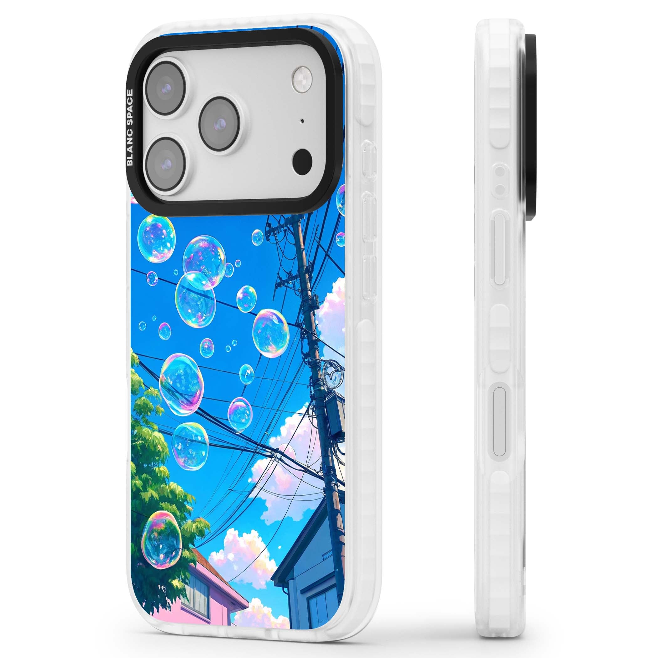 Suburban Bubbles anime iPhone case featuring iridescent soap bubbles, blue sky and Japanese telephone wires | Impact Magsafe case for iPhone 17 Pro, iPhone 17 Pro Max