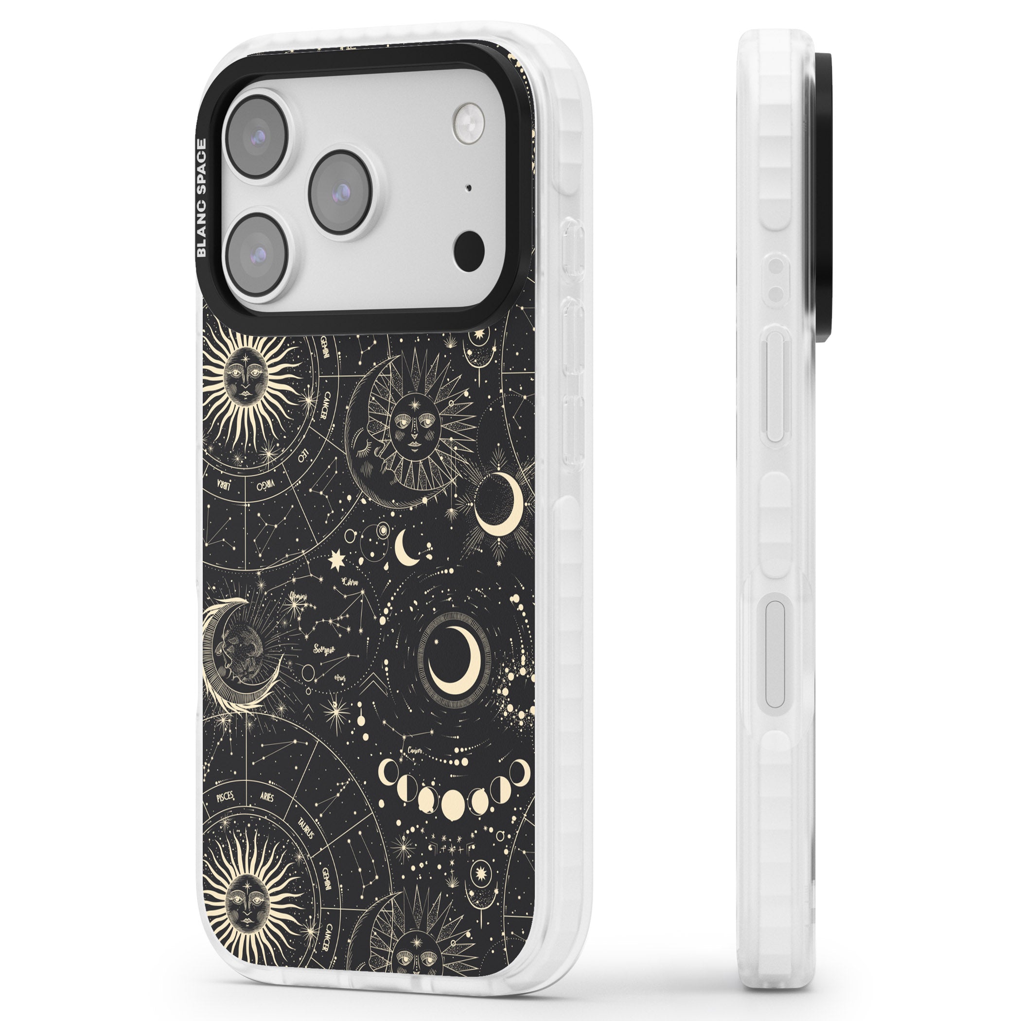 Celestial Suns, Moons & Zodiacs iPhone 17 Pro Impact Pro Clear Phone Case Side Profile