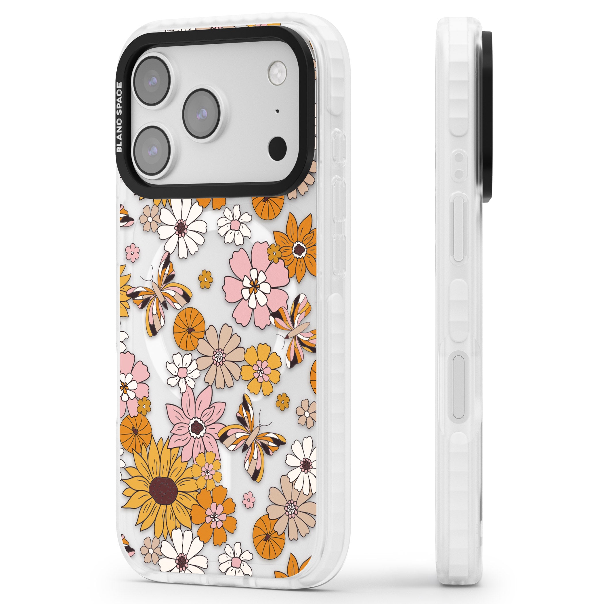 Butterfly Bloom Autumn Floral iPhone 17 Pro Impact Pro Clear Phone Case Side Profile
