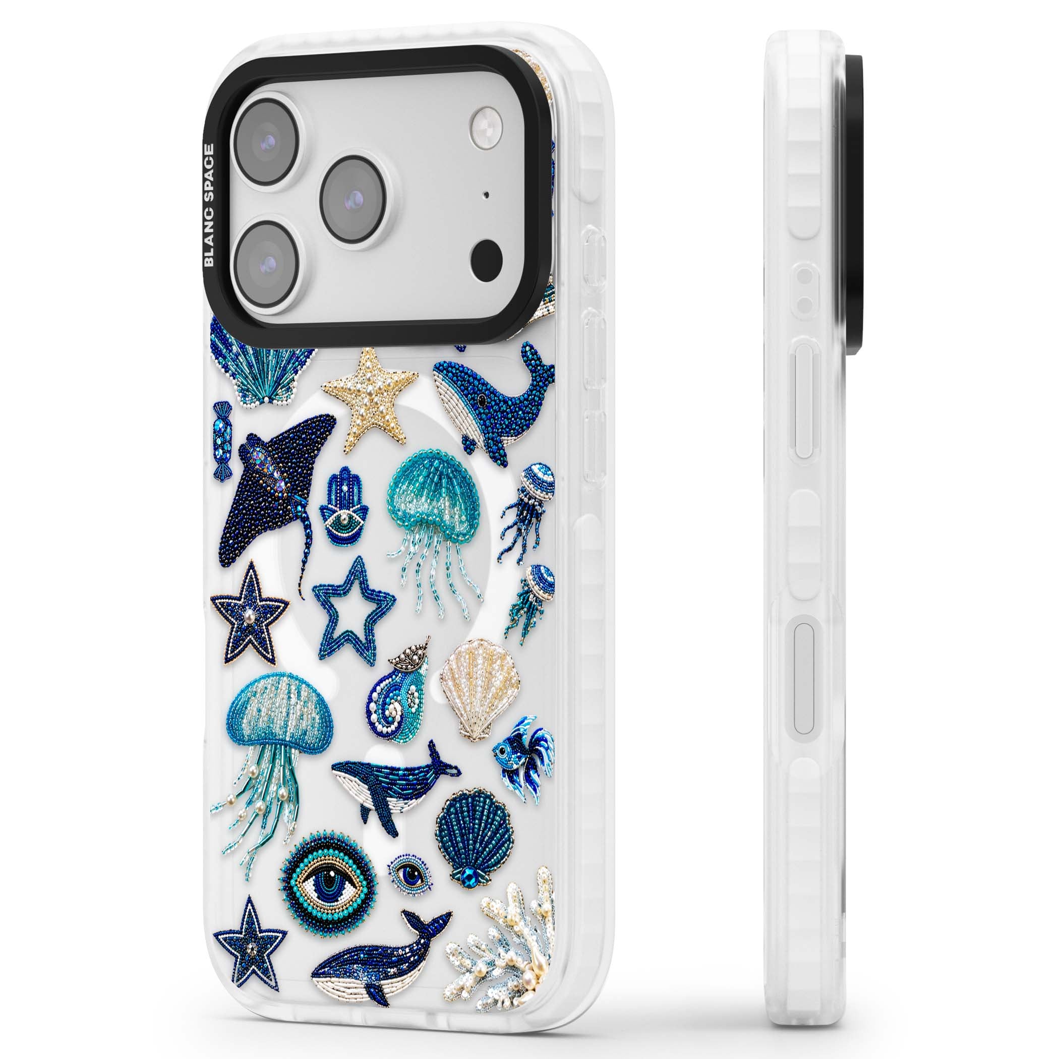 Beaded Coastal coastal iPhone case featuring embroidered seashells, jellyfish and a blue whale on clear | Impact Magsafe case for iPhone 17 Pro, iPhone 17 Pro Max