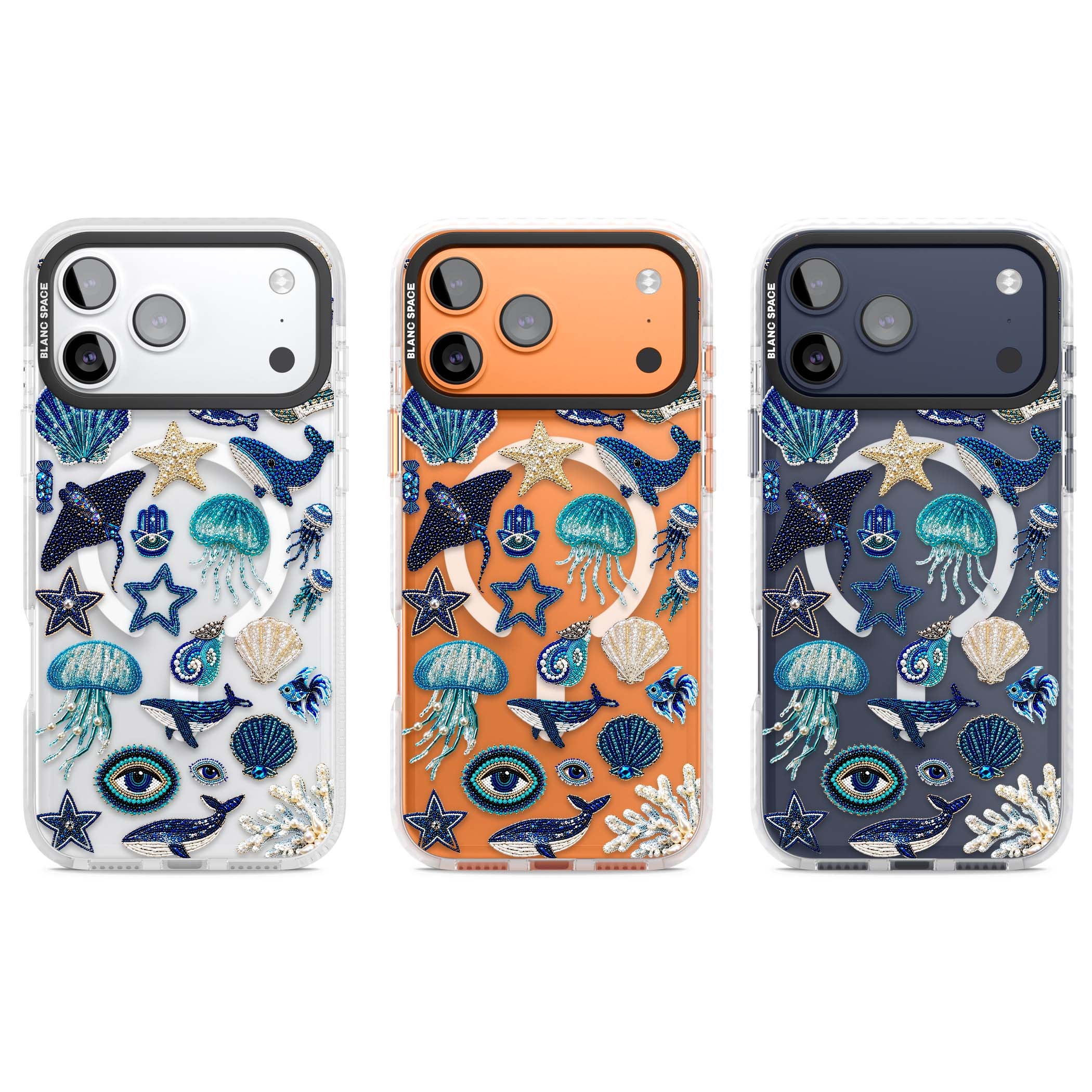 Beaded Coastal coastal iPhone case featuring embroidered seashells, jellyfish and a blue whale on clear | Impact Magsafe case for iPhone 17 Pro, iPhone 17 Pro Max