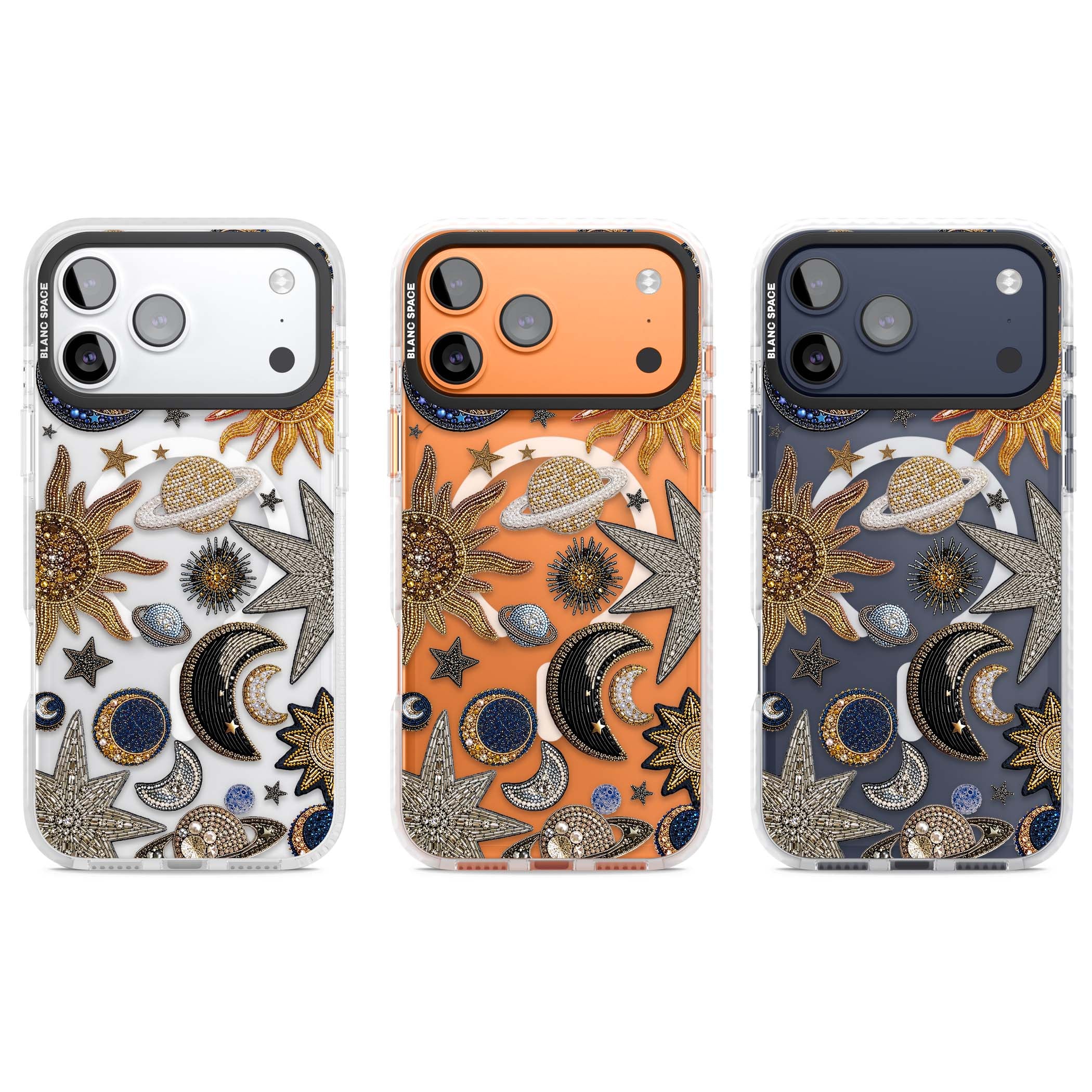 Beaded Cosmos celestial iPhone case featuring embroidered golden suns, beaded planets and silver shooting stars | Impact Magsafe case for iPhone 17 Pro, iPhone 17 Pro Max