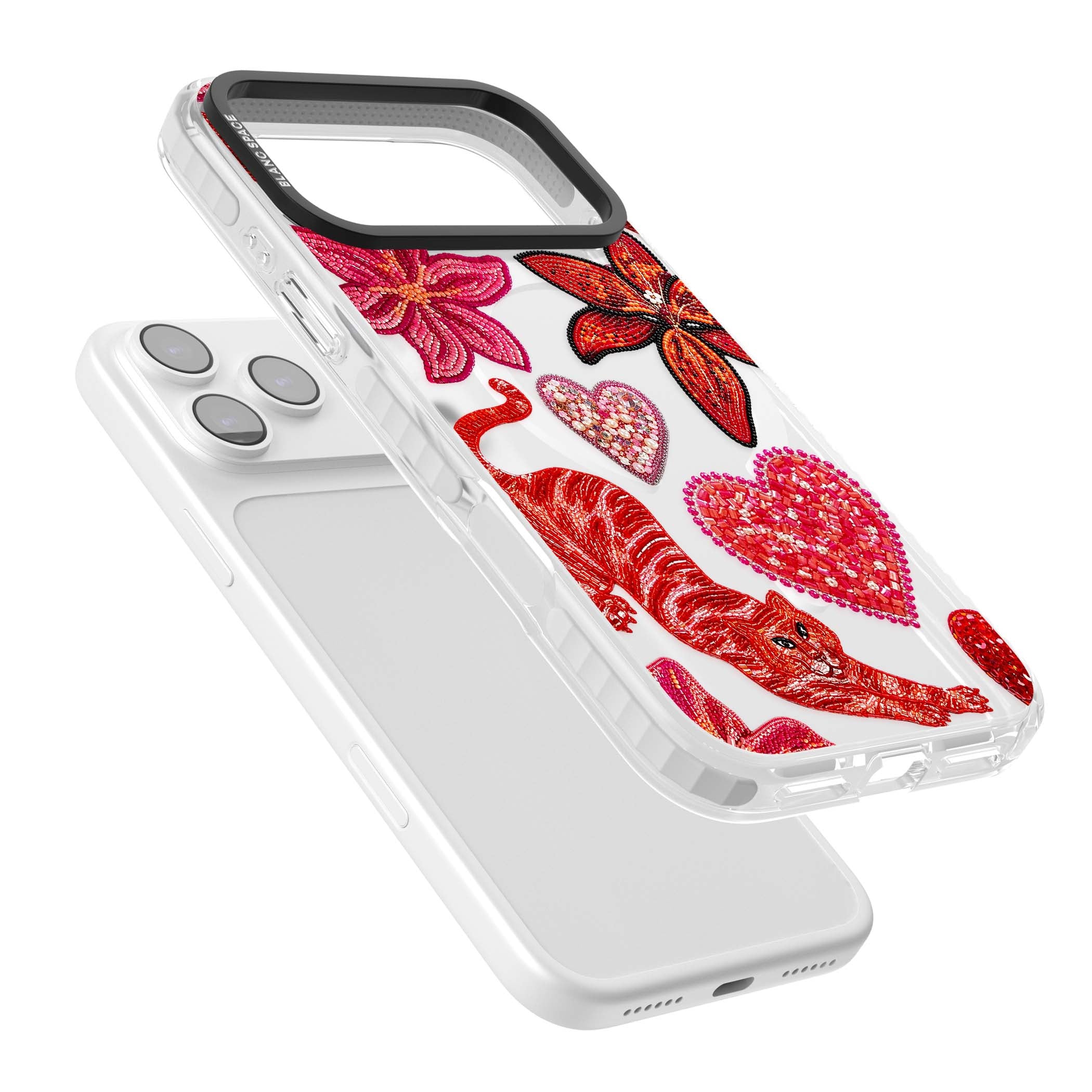 Beaded Boho floral iPhone case featuring beaded red lilies, a stitched tiger, and pearl-encrusted hearts on clear | Impact Magsafe case for iPhone 17 Pro, iPhone 17 Pro Max