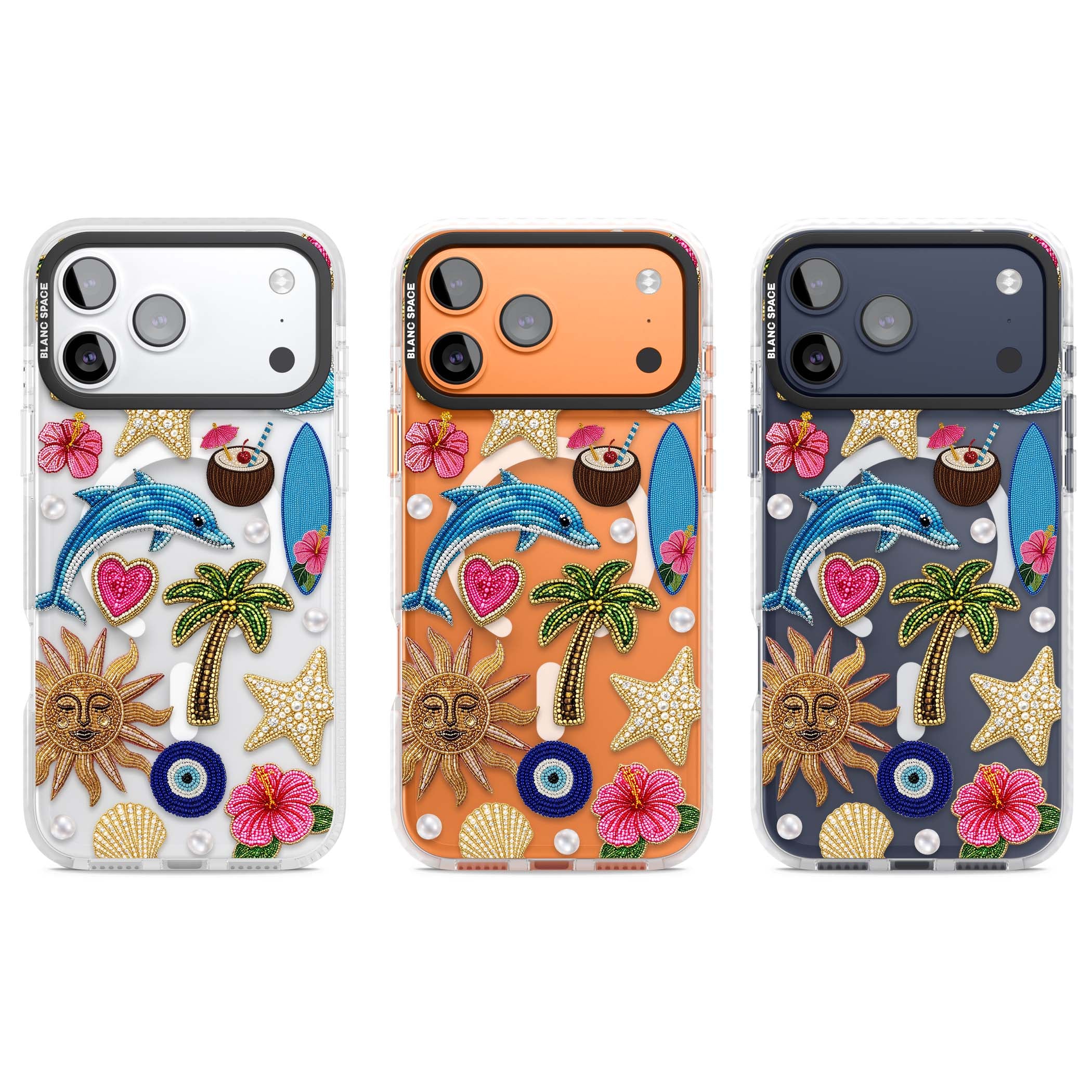 Beaded Beach coastal summer iPhone case featuring embroidered evil eye, hibiscus flowers, dolphin and palm tree patches | Impact Magsafe case for iPhone 17 Pro, iPhone 17 Pro Max