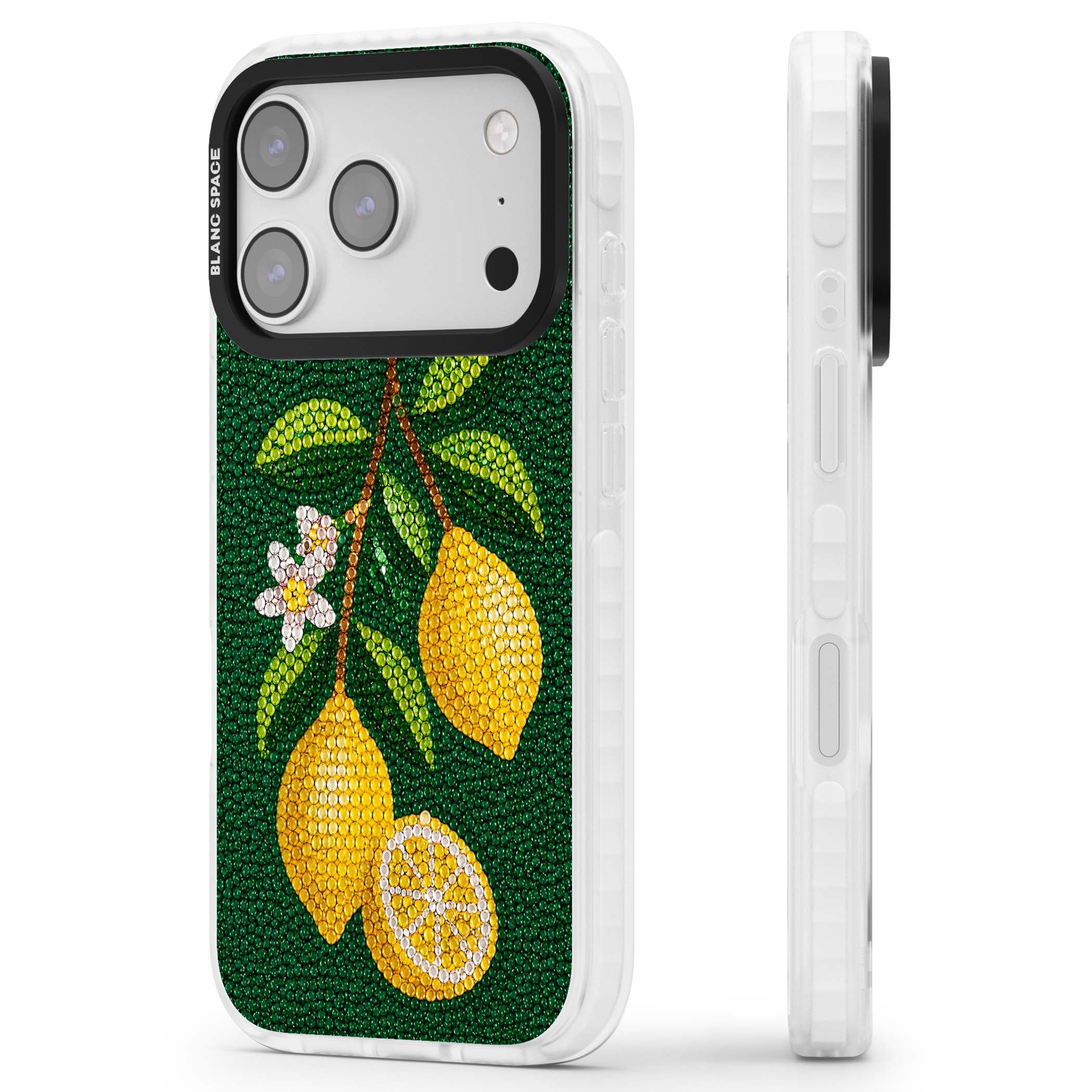 Beaded Lemons coastal iPhone case featuring crystal-beaded lemons, citrus blossom and green leaves on emerald ground | Impact Magsafe case for iPhone 17 Pro, iPhone 17 Pro Max