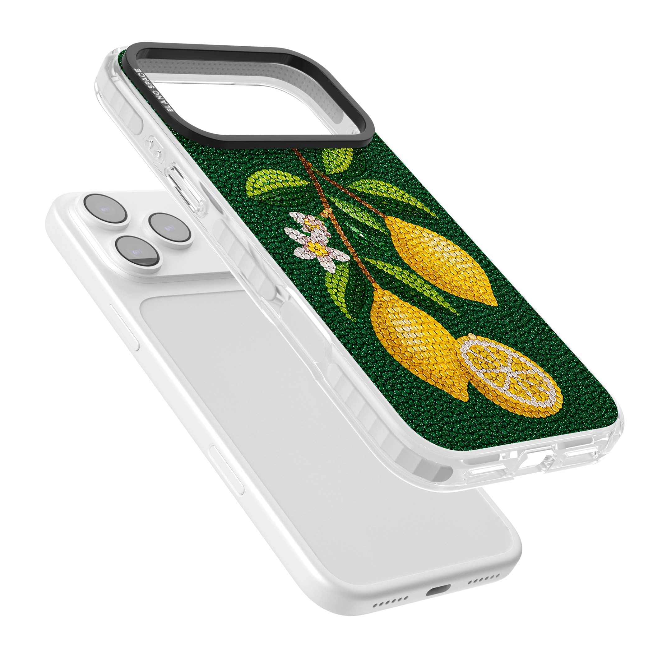 Beaded Lemons coastal iPhone case featuring crystal-beaded lemons, citrus blossom and green leaves on emerald ground | Impact Magsafe case for iPhone 17 Pro, iPhone 17 Pro Max
