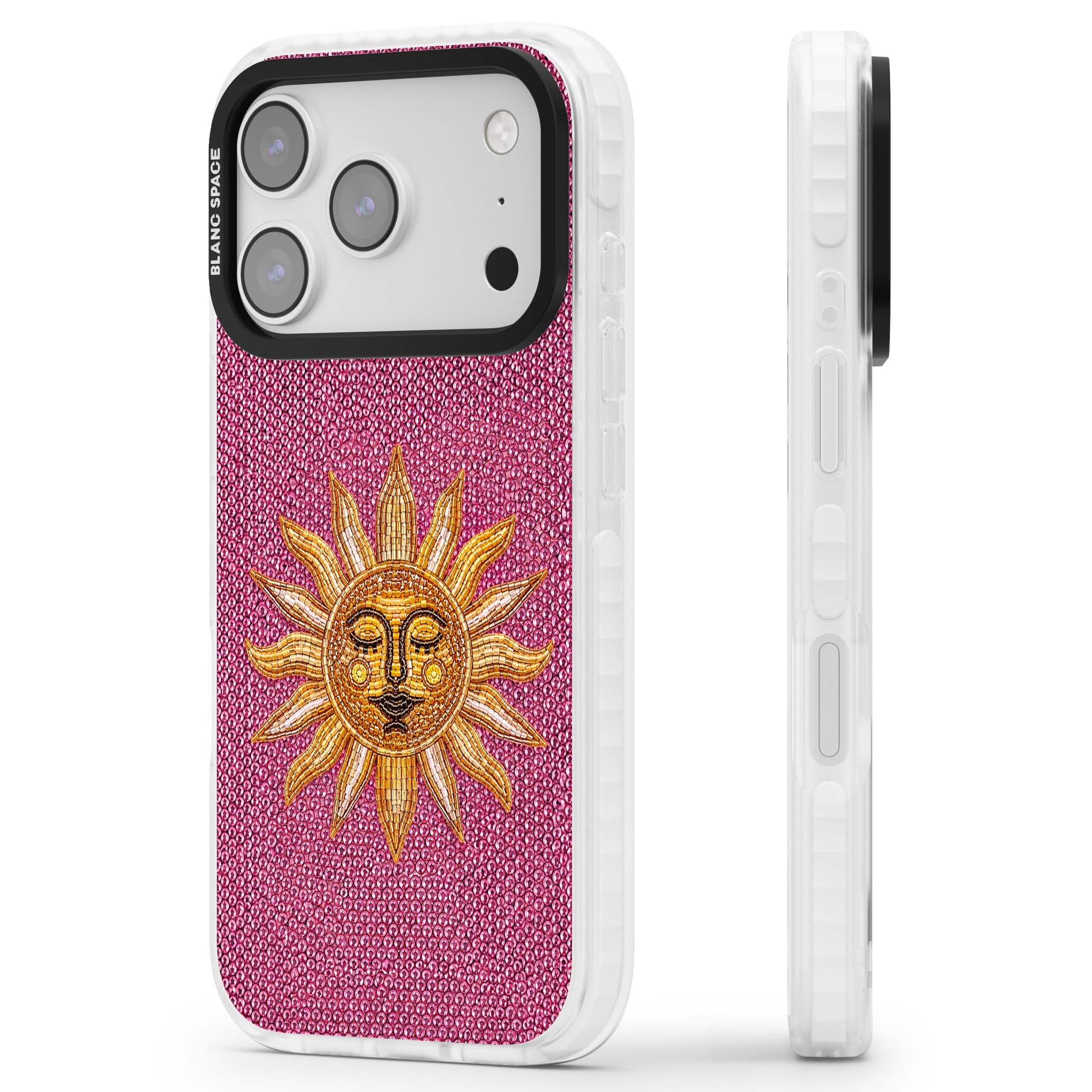 Beaded Sun celestial iPhone case featuring a golden beaded sun face with radiant rays on hot pink beaded background | Impact Magsafe case for iPhone 17 Pro, iPhone 17 Pro Max