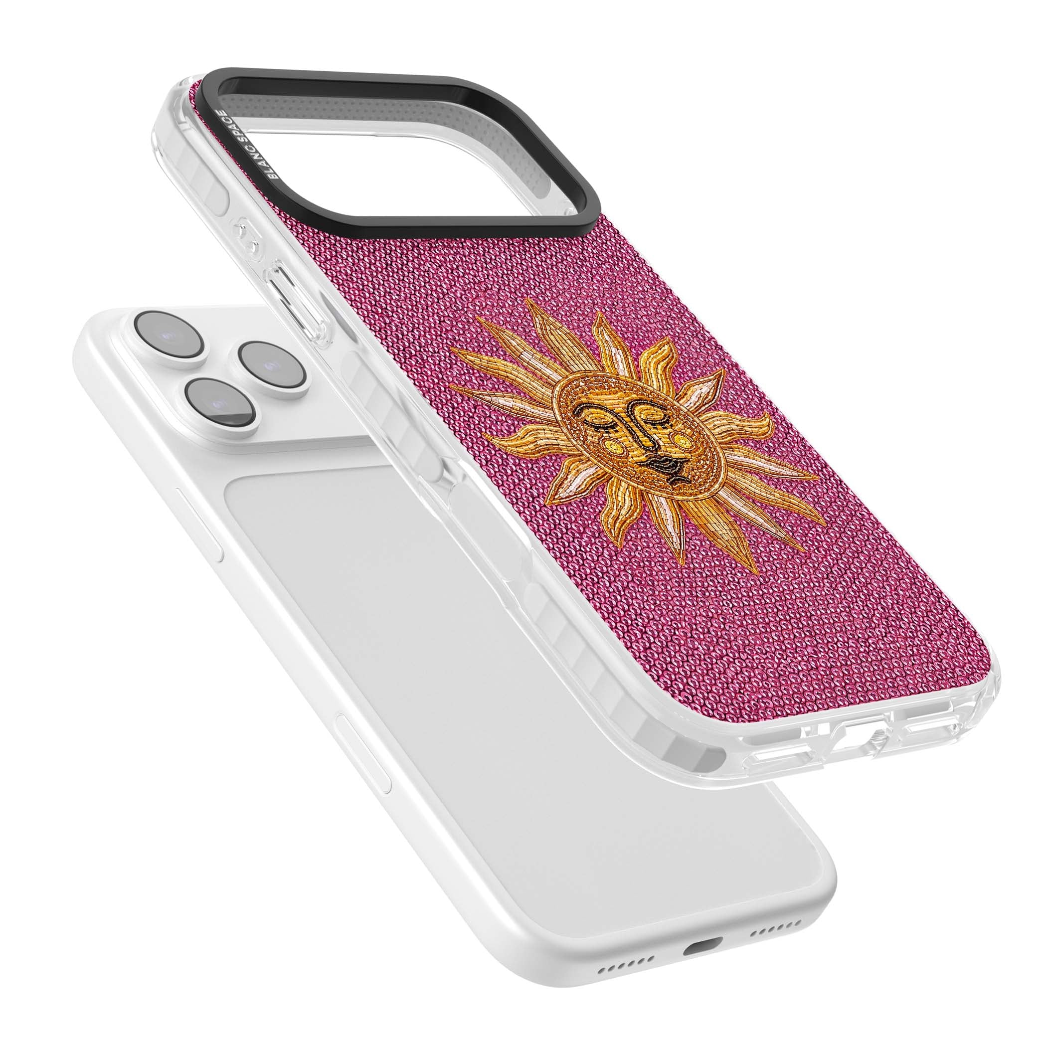 Beaded Sun celestial iPhone case featuring a golden beaded sun face with radiant rays on hot pink beaded background | Impact Magsafe case for iPhone 17 Pro, iPhone 17 Pro Max