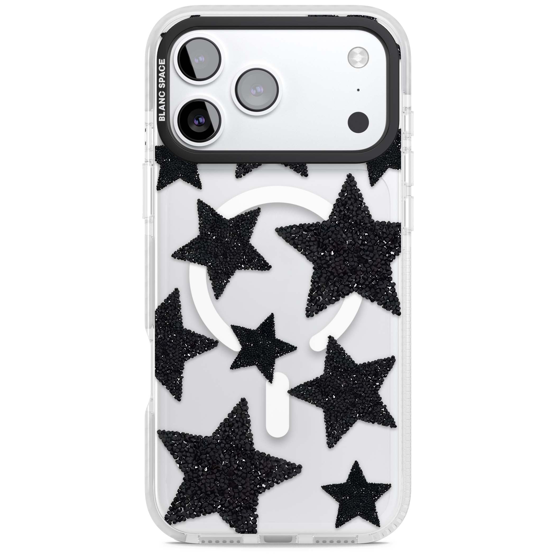 Beaded Black Stars celestial iPhone case featuring black glitter beaded stars scattered on a clear background | Impact Magsafe case for iPhone 17 Pro, iPhone 17 Pro Max