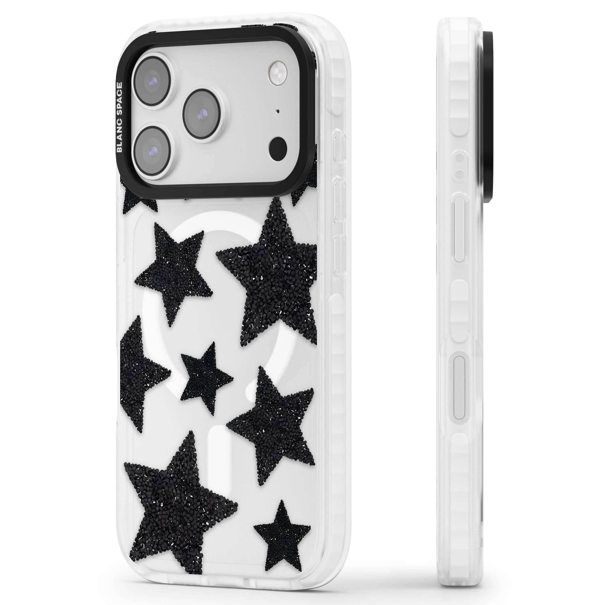 Beaded Black Stars celestial iPhone case featuring black glitter beaded stars scattered on a clear background | Impact Magsafe case for iPhone 17 Pro, iPhone 17 Pro Max