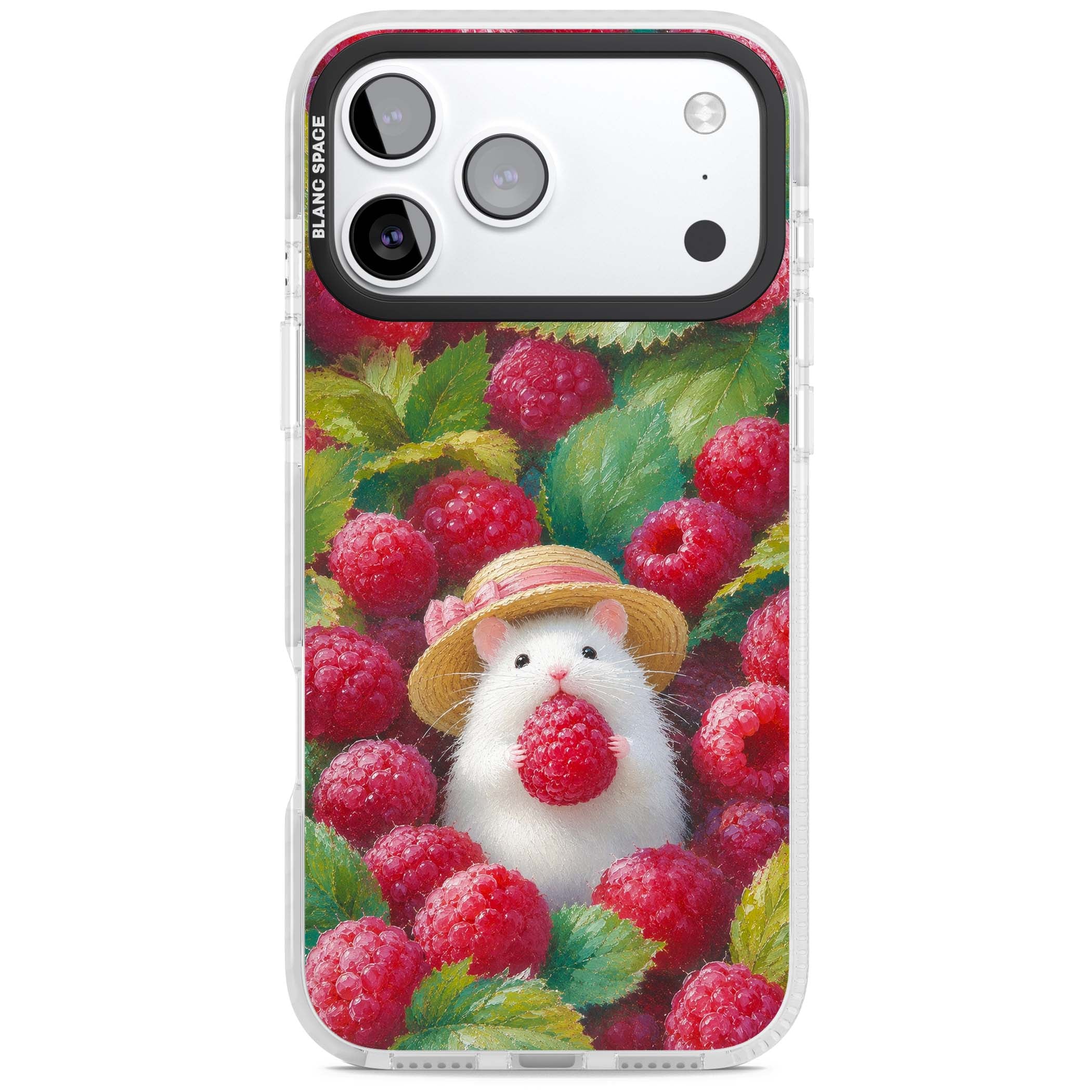 Berry Forager cottagecore iPhone case featuring a white hamster in a straw hat holding a raspberry surrounded by ripe ber | Impact Magsafe case for iPhone 17 Pro, iPhone 17 Pro Max
