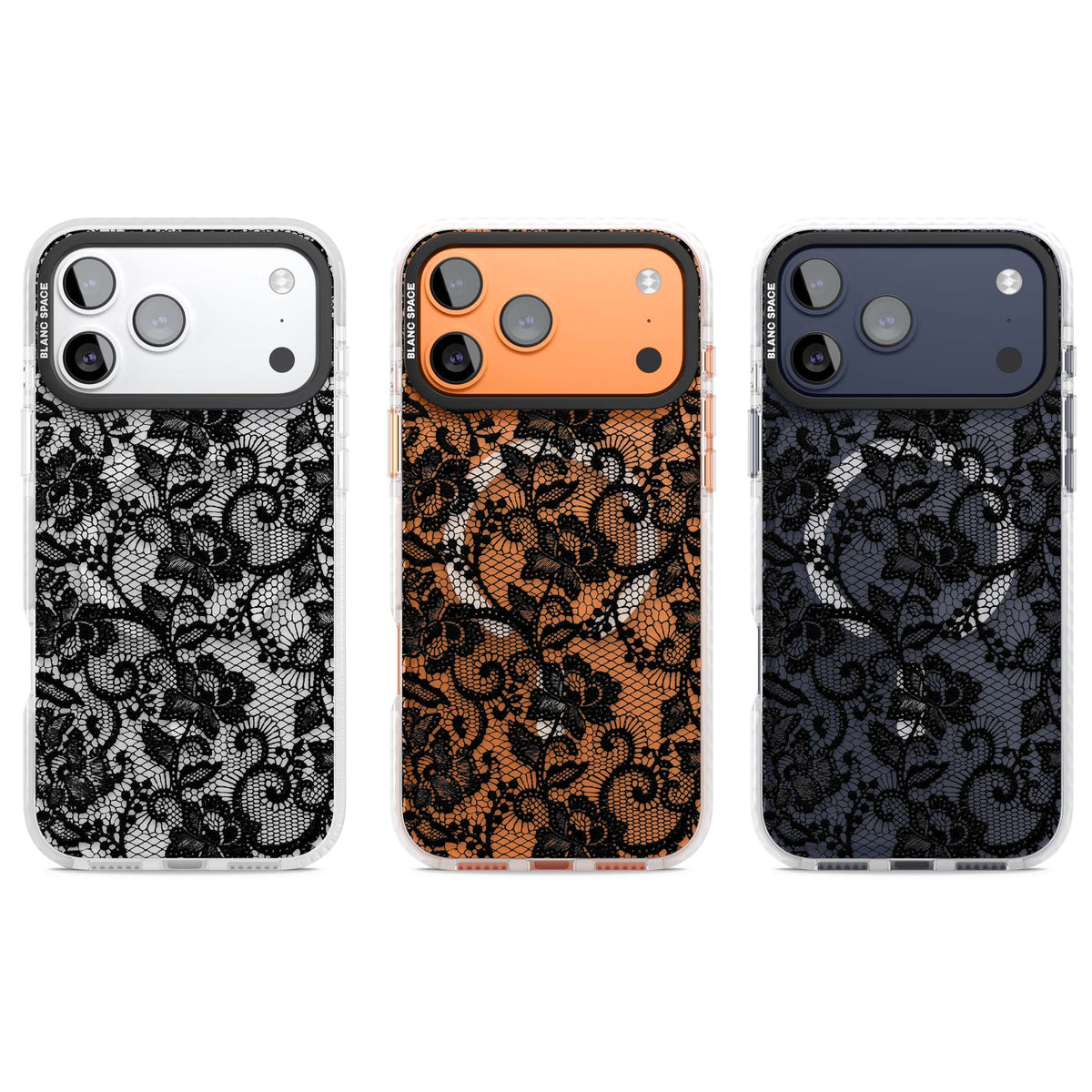 Black Lace gothic iPhone case featuring intricate black floral lace pattern with vintage whimsigoth detail | Impact Magsafe case for iPhone 17 Pro, iPhone 17 Pro Max