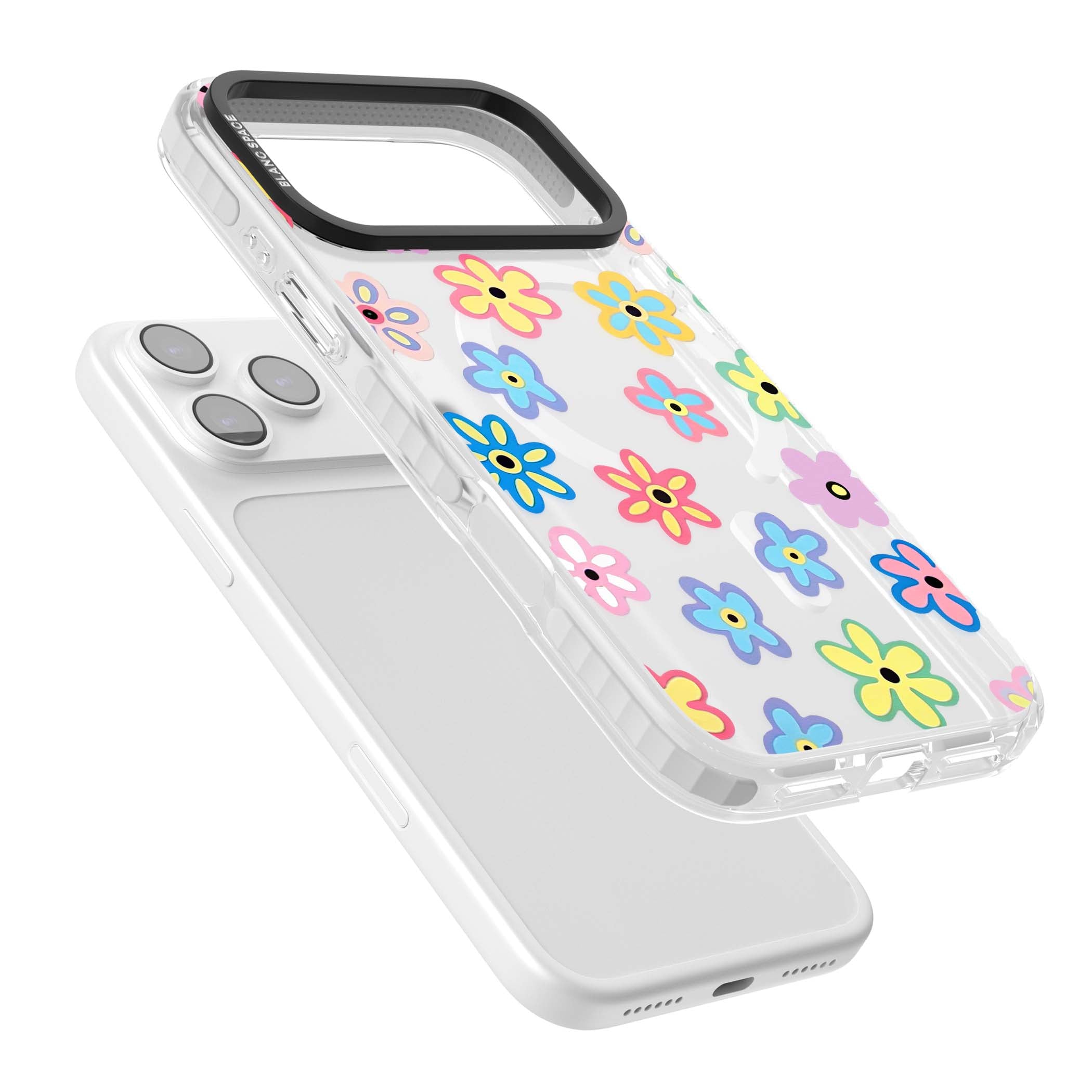 Bloom Pop cottagecore iPhone case featuring multicolor pastel flowers with black centers on clear background | Impact Magsafe case for iPhone 17 Pro, iPhone 17 Pro Max