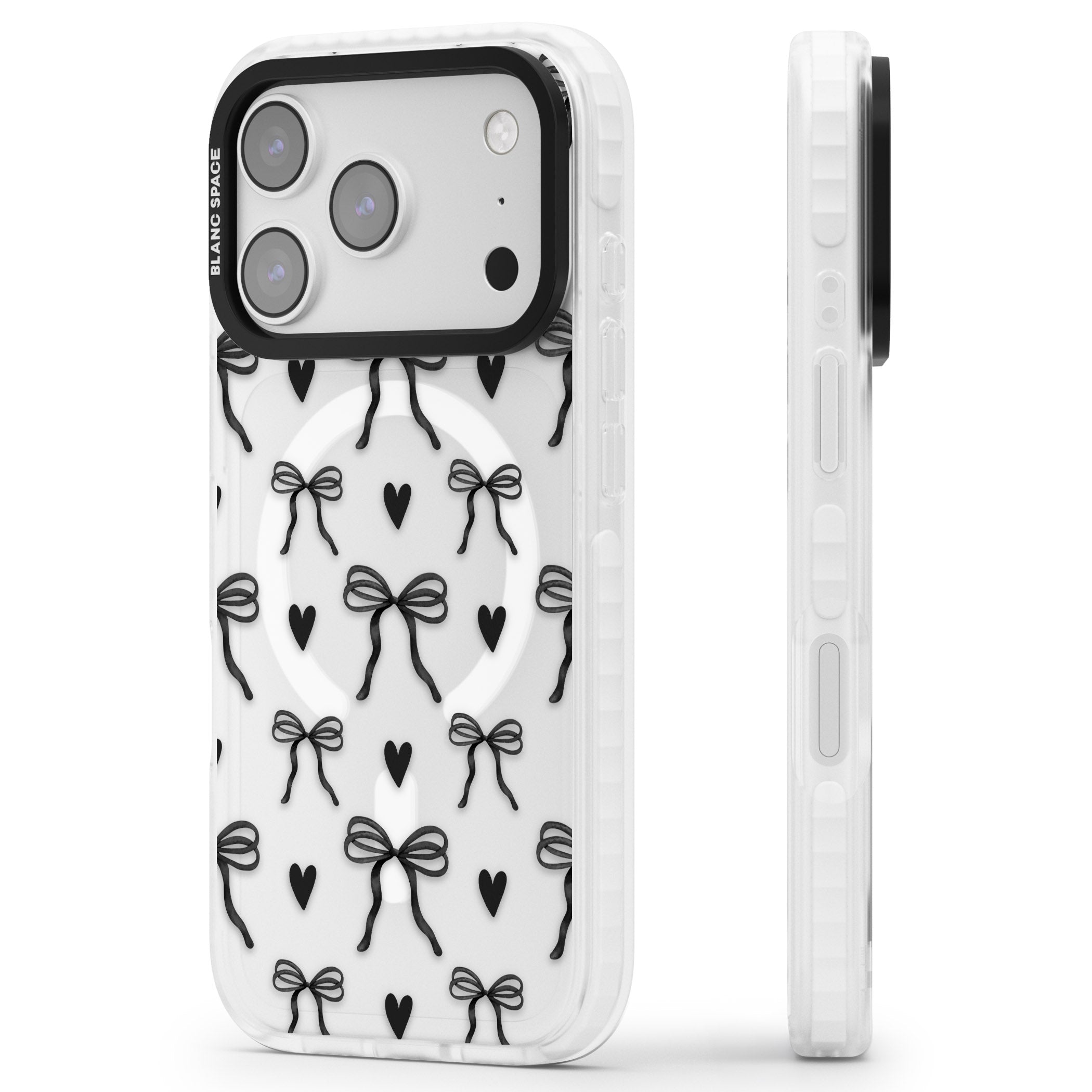 Black Bows & Hearts iPhone 17 Pro Impact Pro Clear Phone Case Side Profile