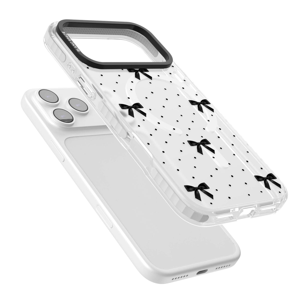 Black Polka Bows coquette iPhone case featuring scattered black satin bows and tiny polka dots on a clear base | Impact Magsafe case for iPhone 17 Pro, iPhone 17 Pro Max