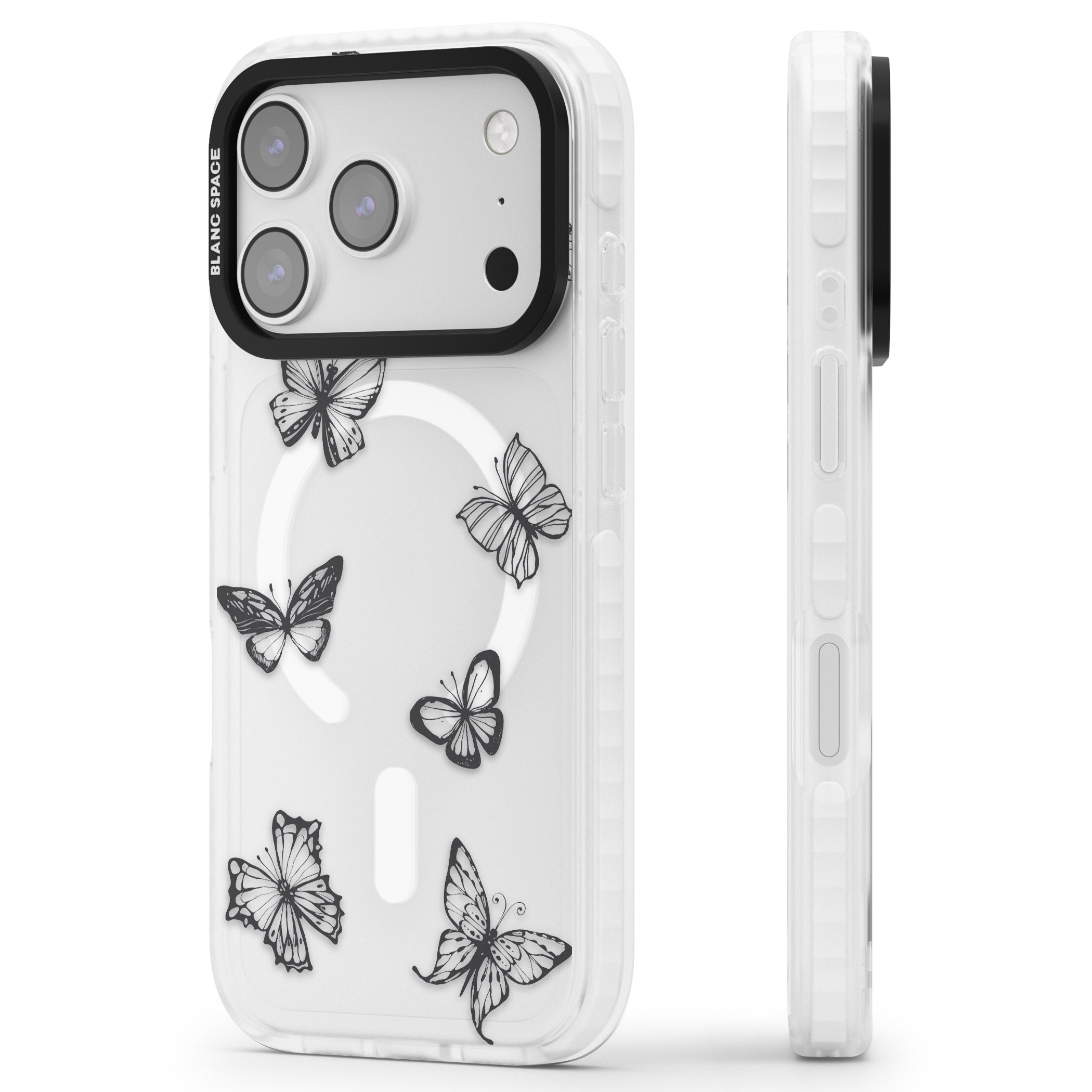 Grey Butterfly Line Pattern iPhone 17 Pro Impact Pro Clear Phone Case Side Profile