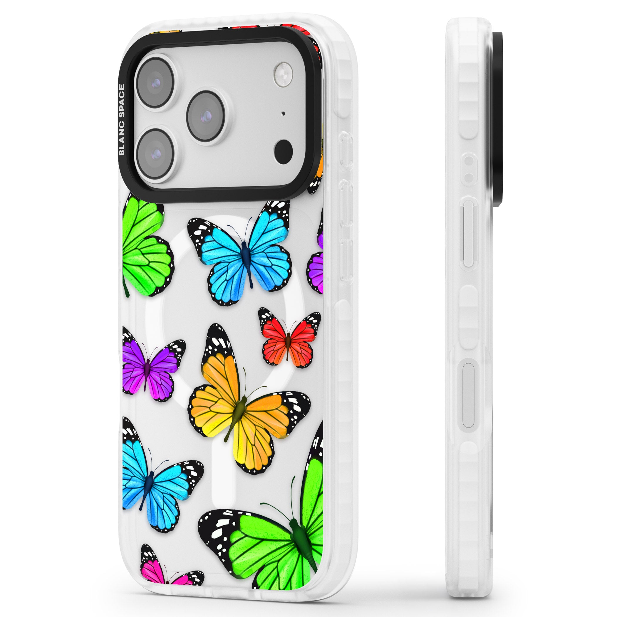 Vibrant Butterflies iPhone 17 Pro Impact Pro Clear Phone Case Side Profile